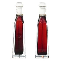 Pair of Red Glass Table Lamps Orrefors by Carl Fagerlund