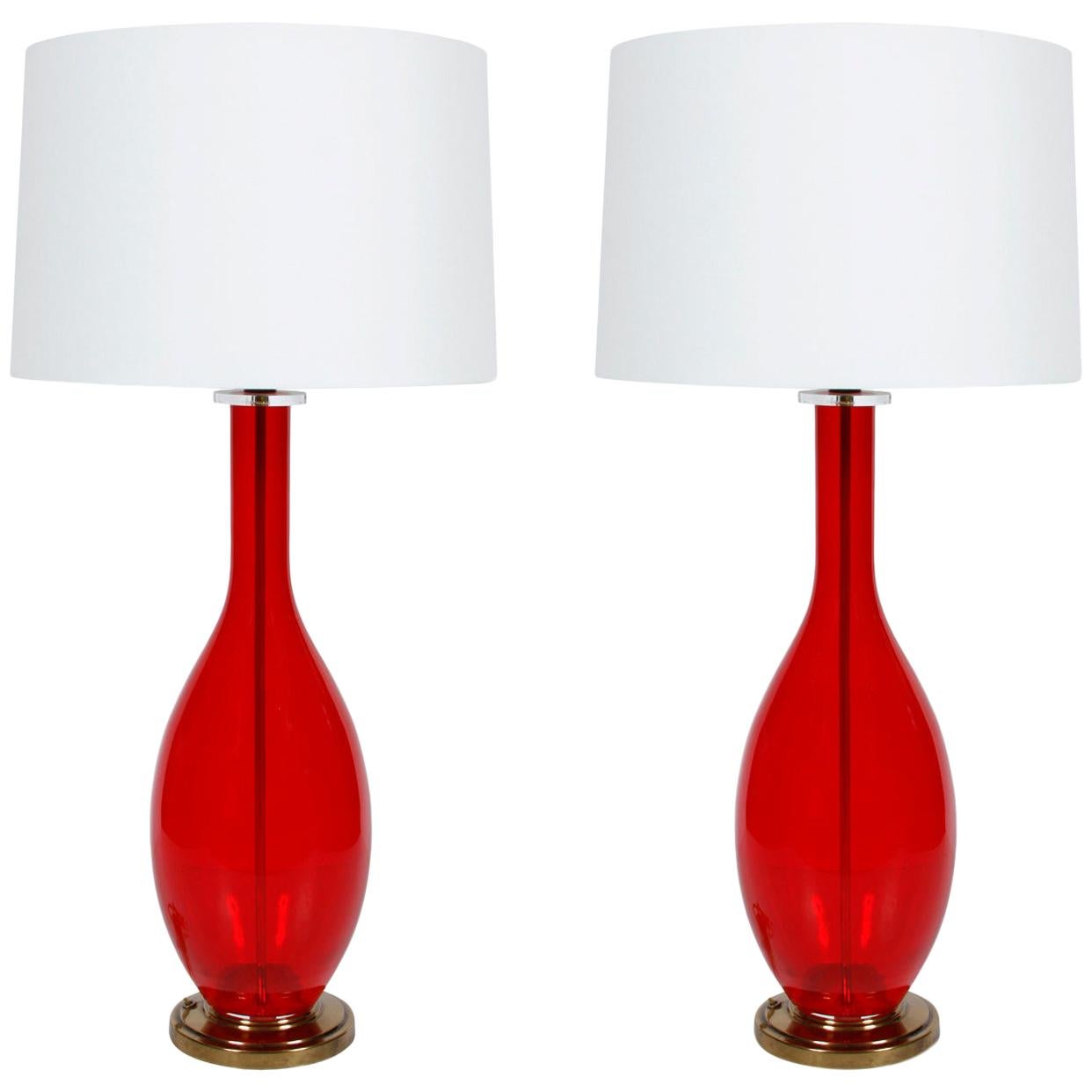 Pair of Red Glass Vintage Lamps with Brass Base