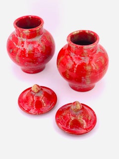 Pair of Red Glazed Ceramic Jars with Lids Made in Italy Stamped and Initials