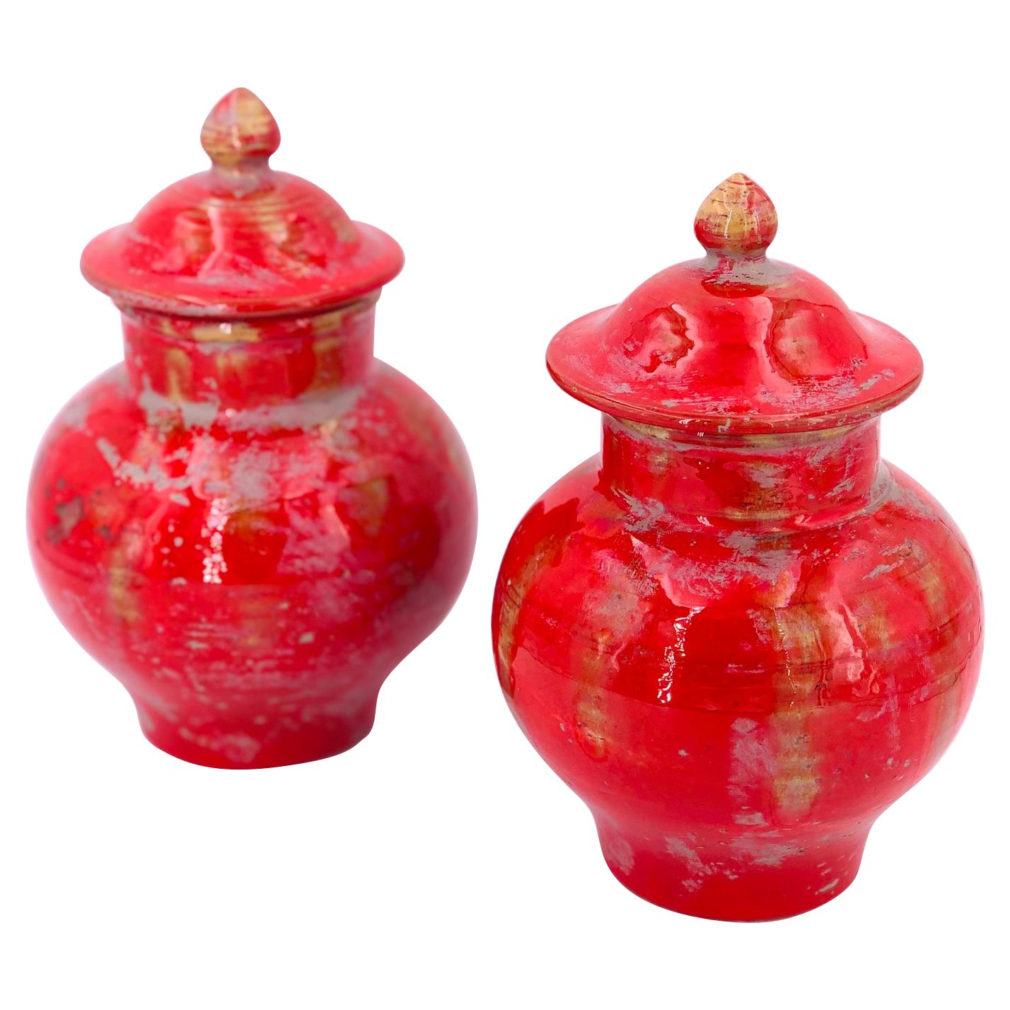 Pair of Red Glazed Ceramic Jars with Lids Made in Italy Stamped and Initials