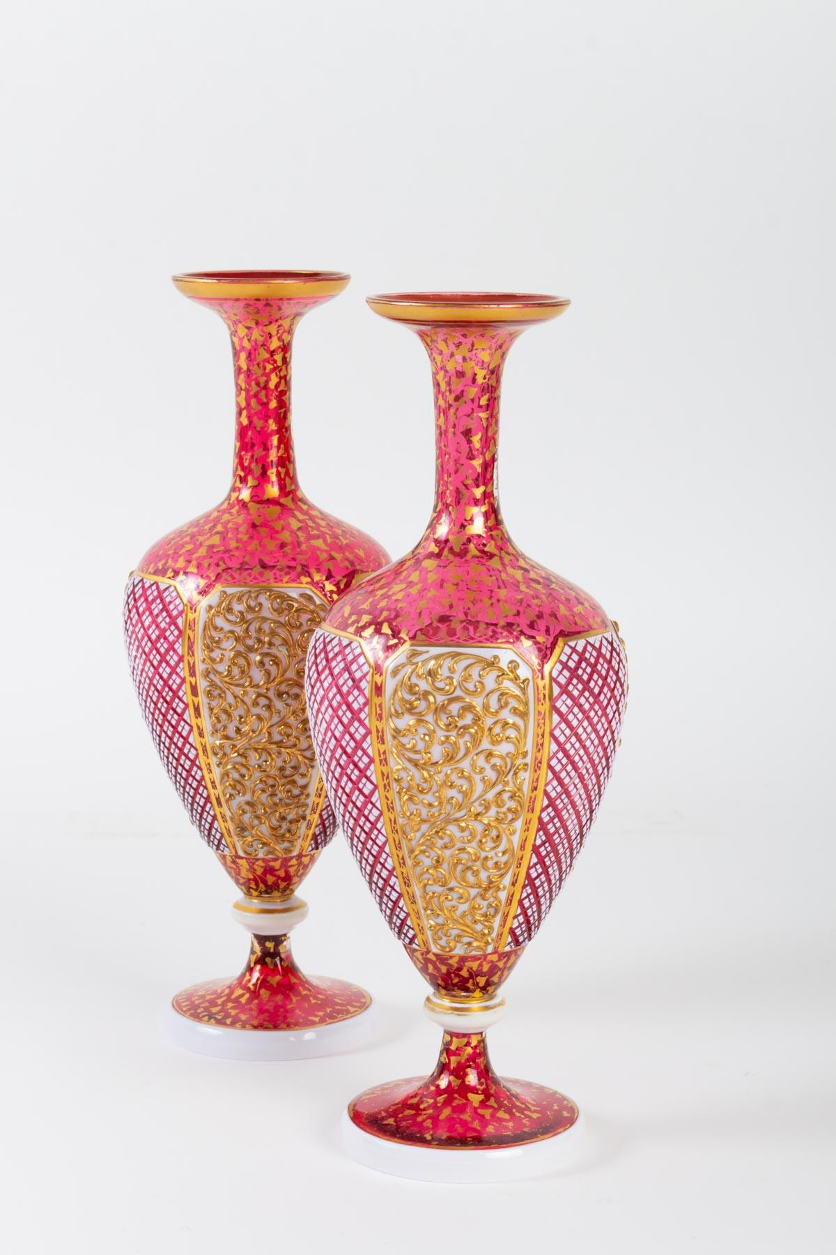 French Pair of Red, Gold and White Bohemian Vases, 19th Century, Napoleon III