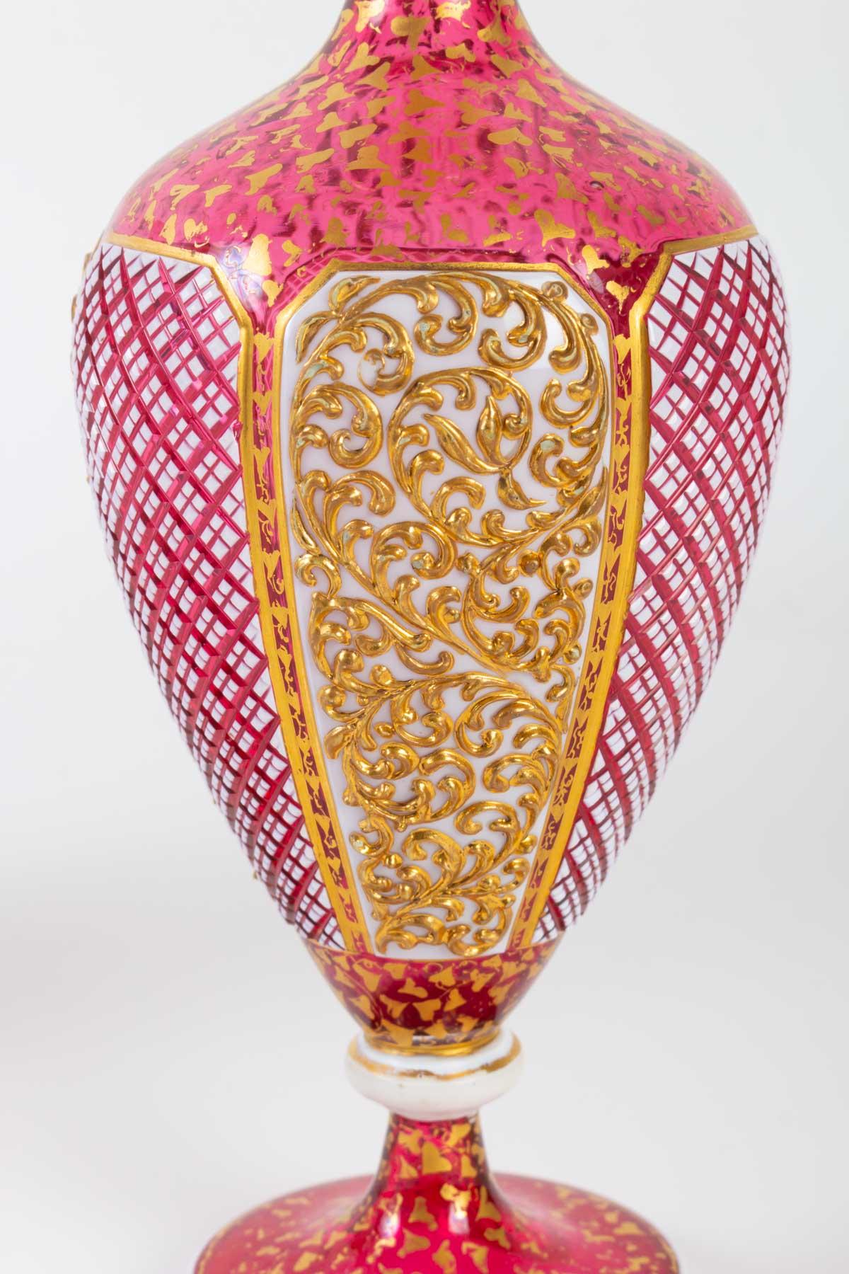 Pair of Red, Gold and White Bohemian Vases, 19th Century, Napoleon III 3