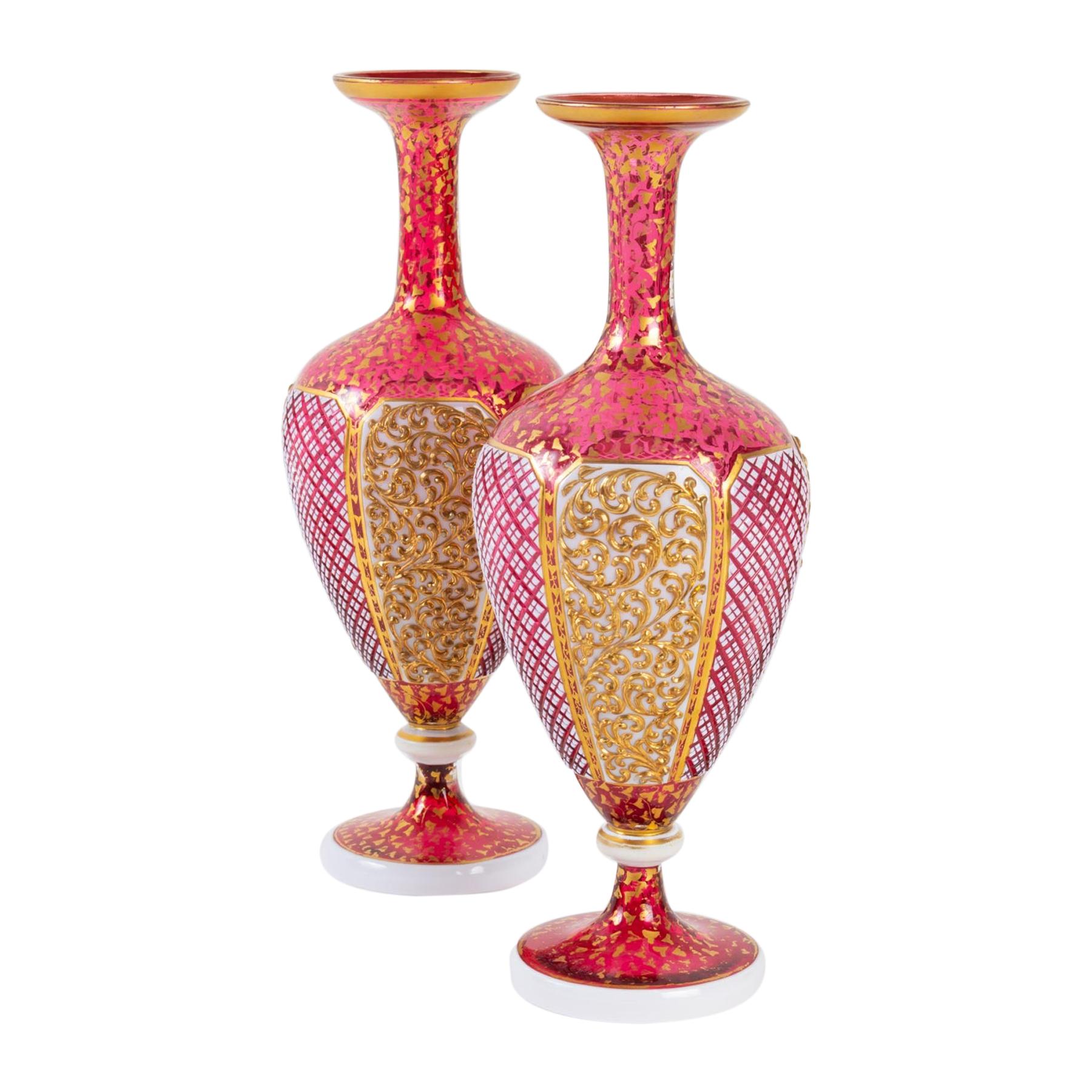 Pair of Red, Gold and White Bohemian Vases, 19th Century, Napoleon III