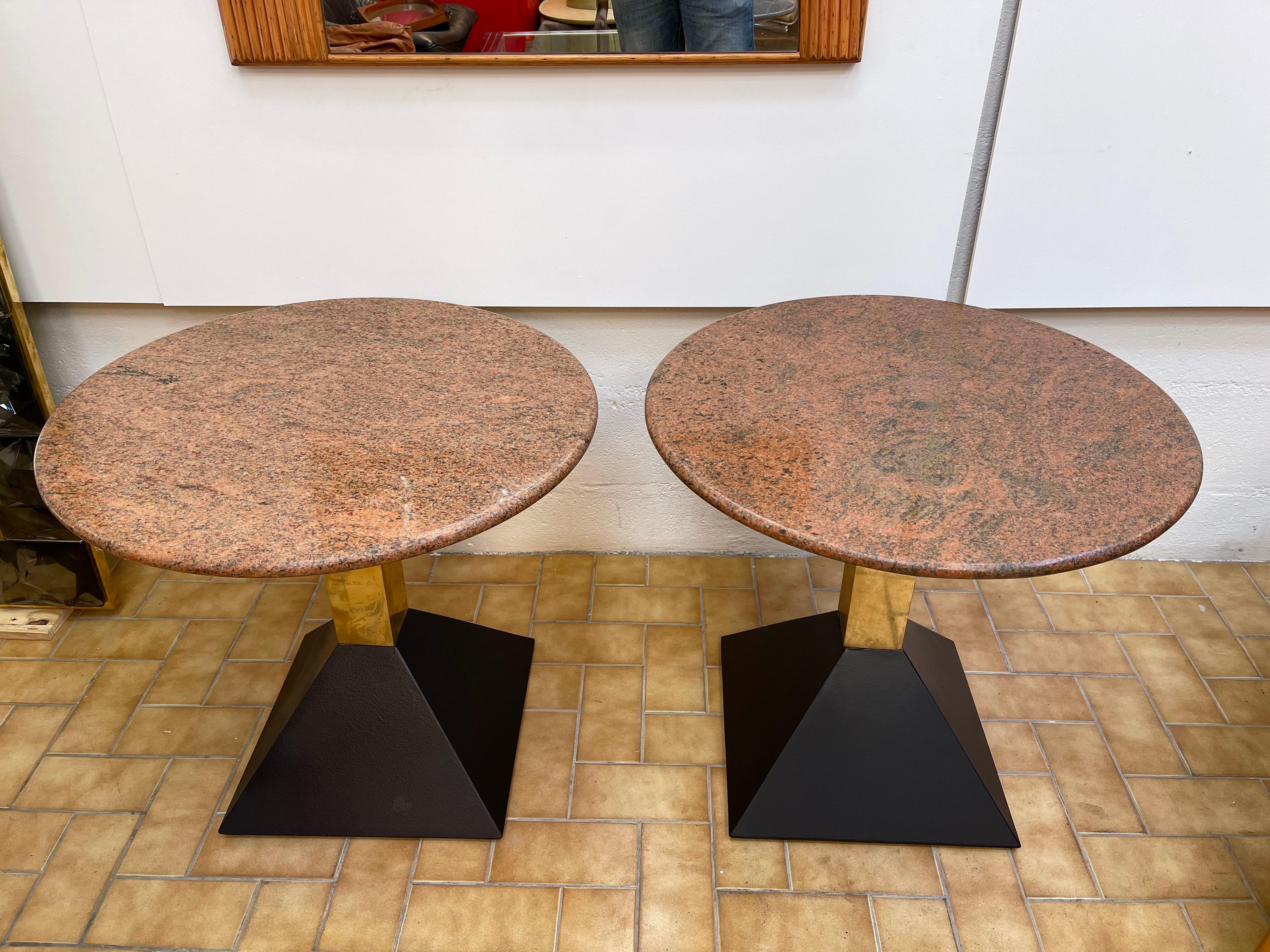 Late 20th Century Pair of Red Granite and Brass Side Tables, Italy, 1980s For Sale