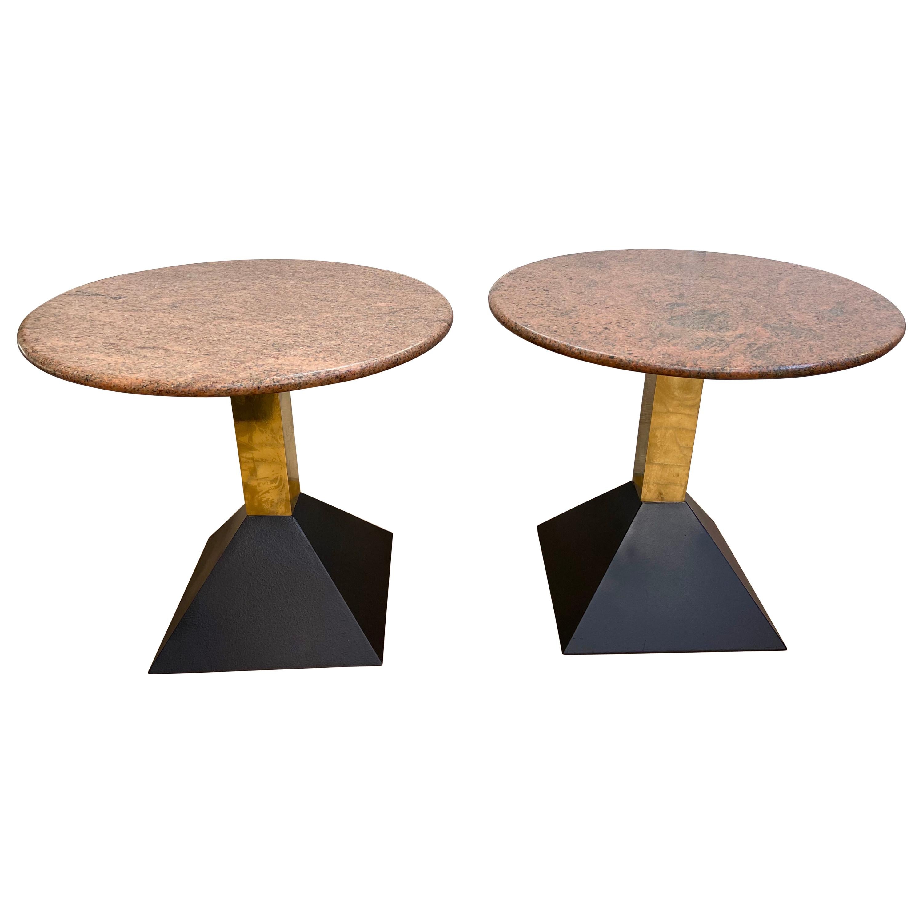 Pair of Red Granite and Brass Side Tables, Italy, 1980s