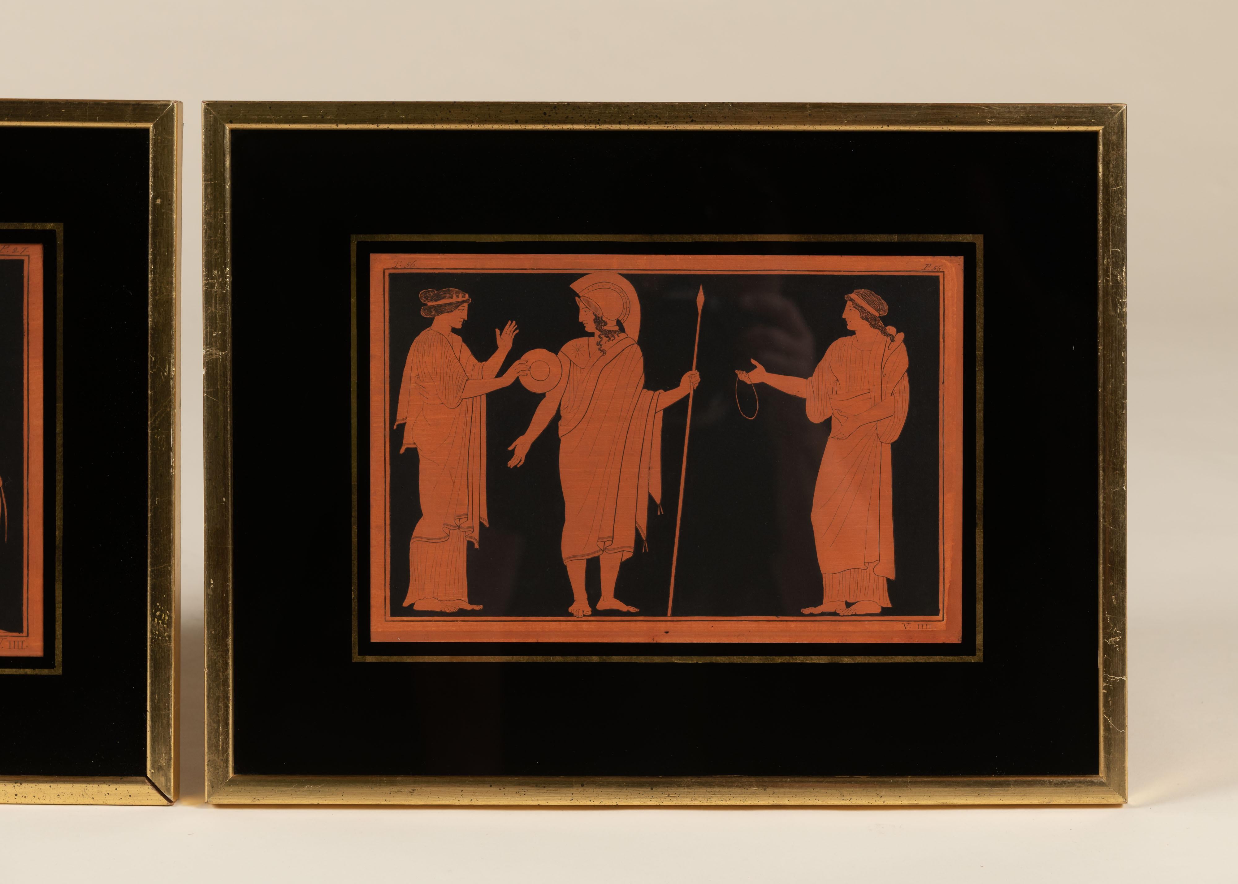 American Pair of Red Greco Roman Prints in Reverse Painted and Gilt Frames, USA For Sale