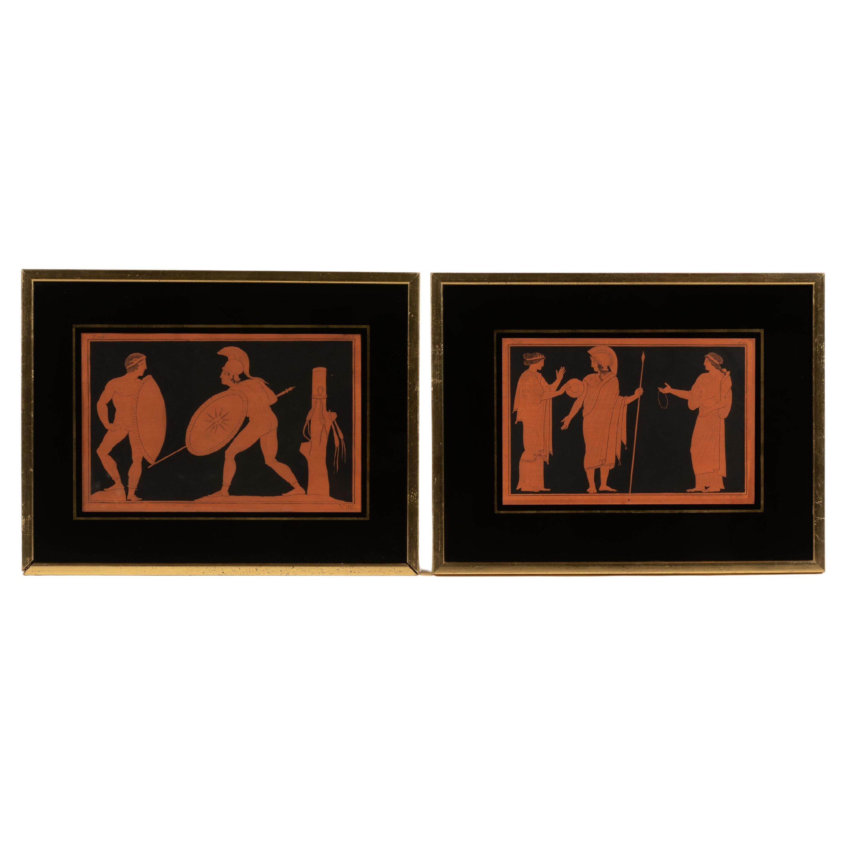 Pair of Red Greco Roman Prints in Reverse Painted and Gilt Frames, USA For Sale