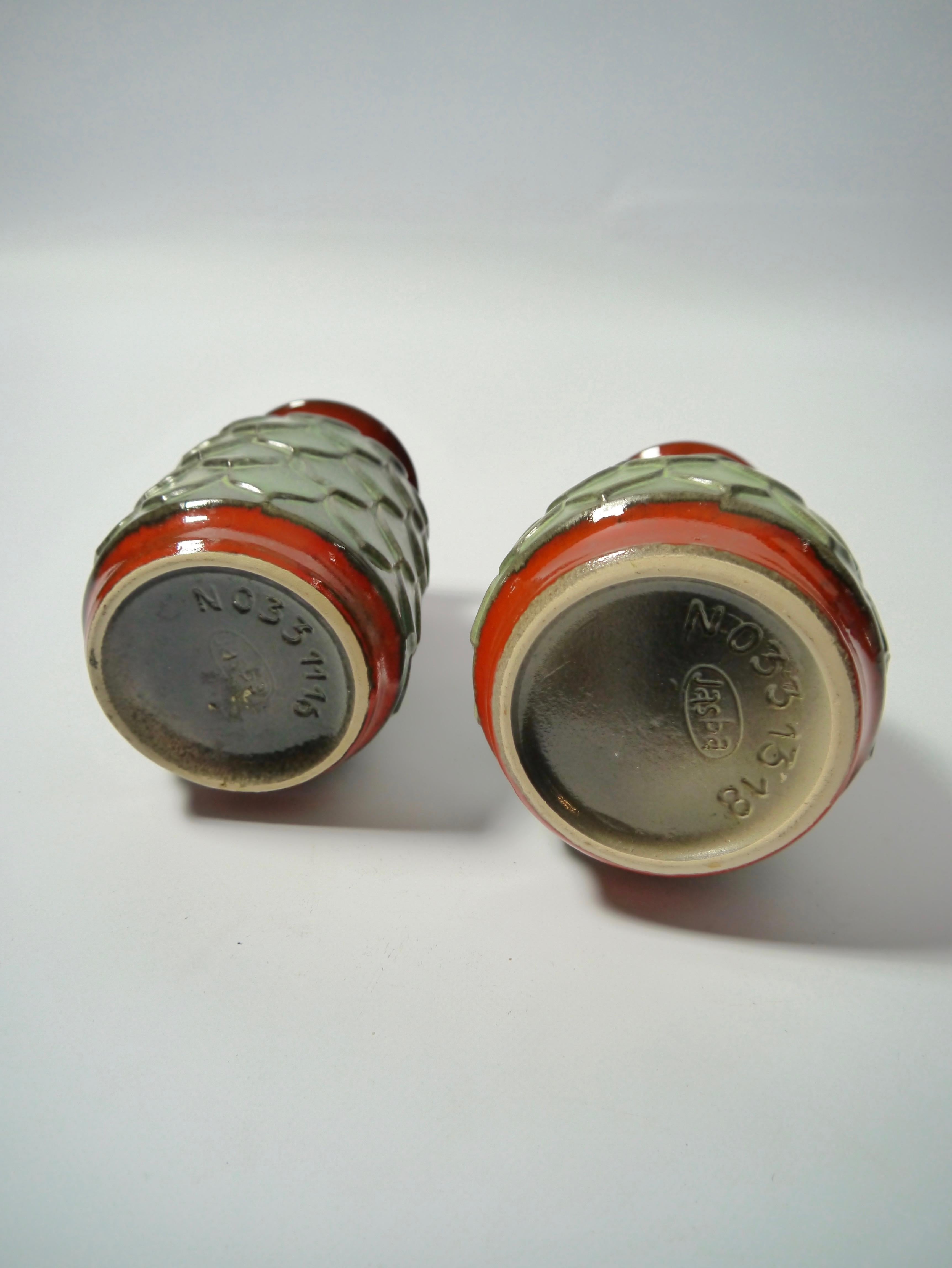Mid-Century Modern Pair of Red / Green Fat Lava Pottery Vases by Jasba, West Germany 1960s