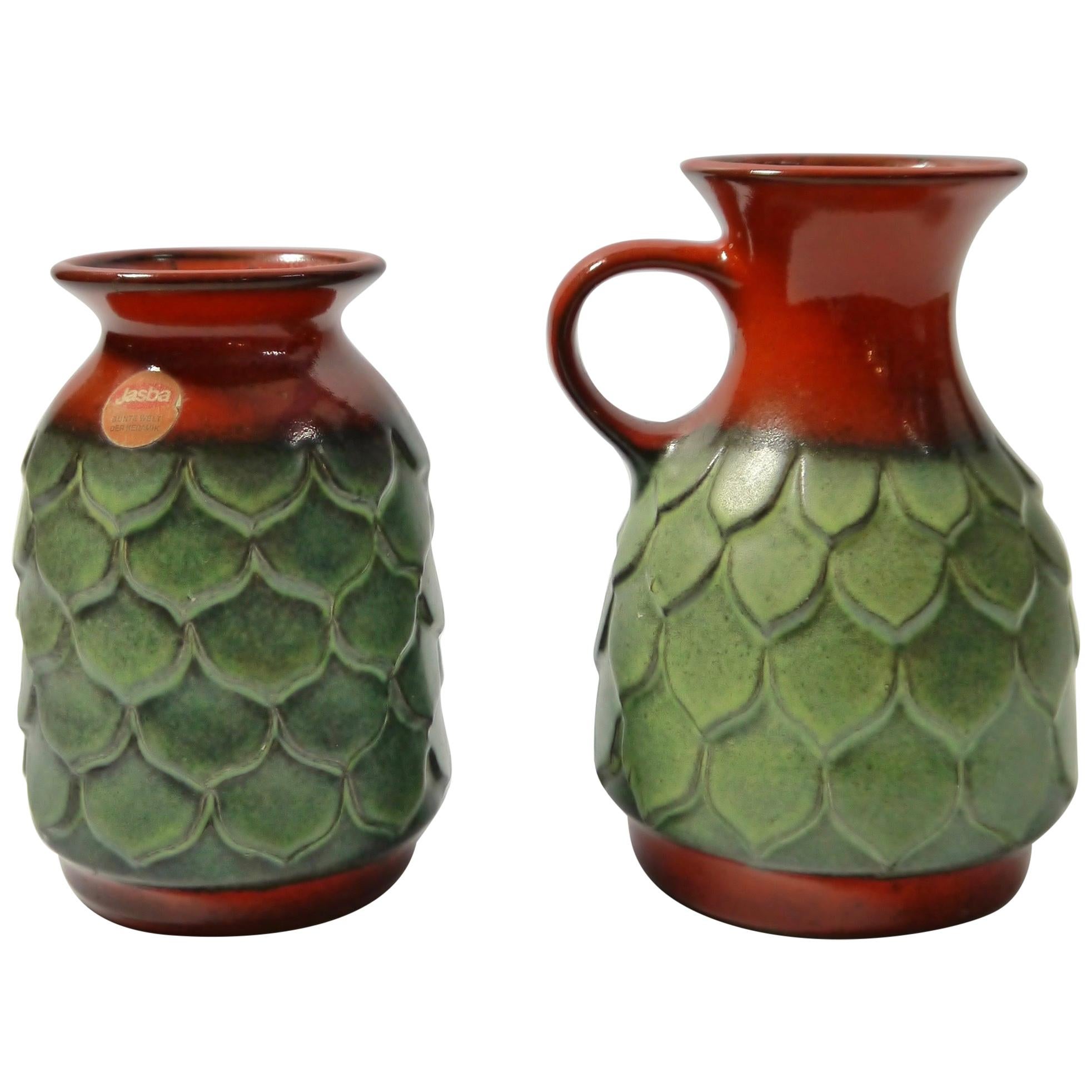 Pair of Red / Green Fat Lava Pottery Vases by Jasba, West Germany 1960s