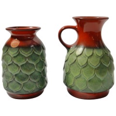 Vintage Pair of Red / Green Fat Lava Pottery Vases by Jasba, West Germany 1960s