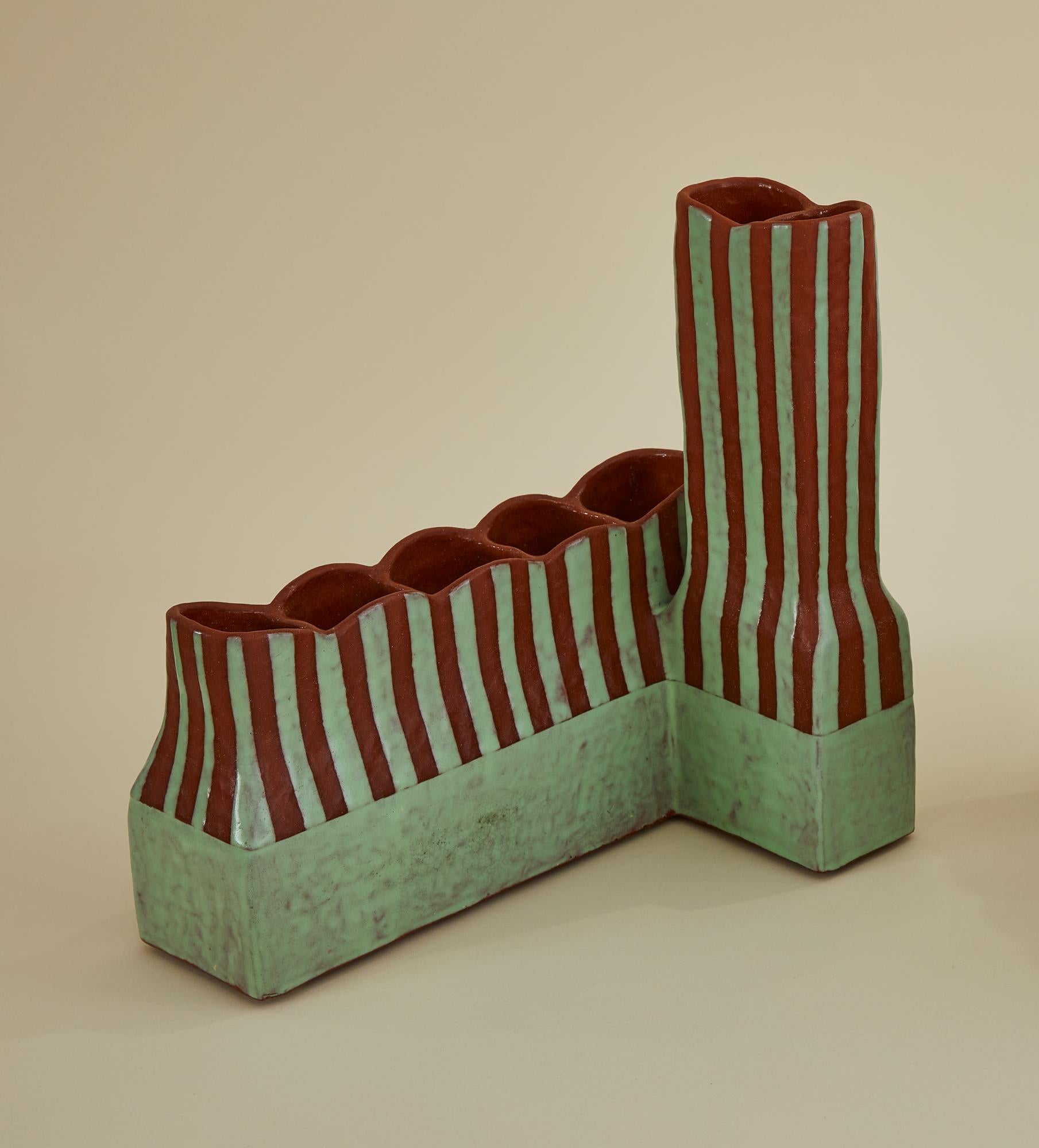 Modern Pair of Red & Green Striped Ceramic Vases by Contemporary Artist Rebecca Chapell For Sale