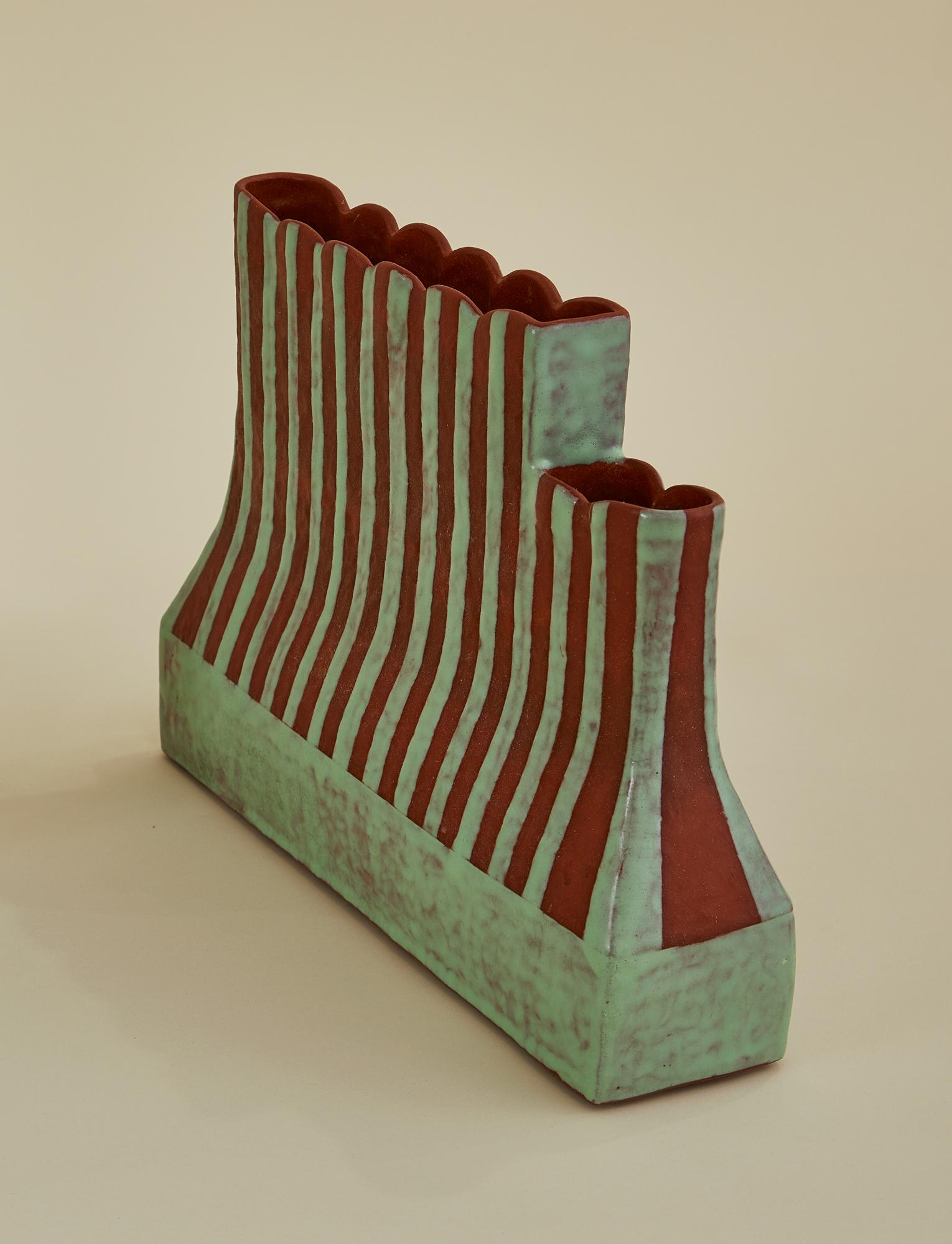 American Pair of Red & Green Striped Ceramic Vases by Contemporary Artist Rebecca Chapell For Sale