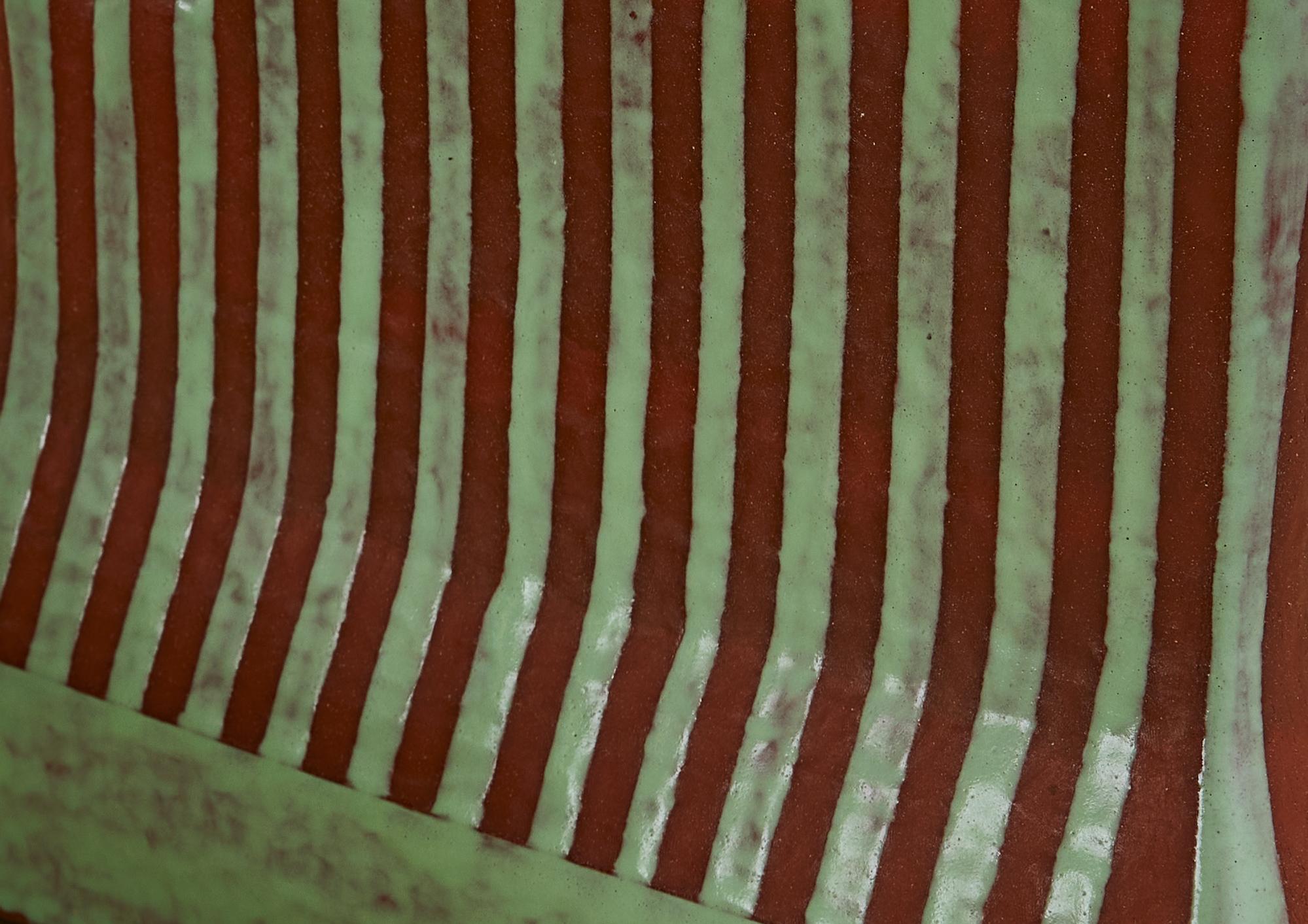 Glazed Pair of Red & Green Striped Ceramic Vases by Contemporary Artist Rebecca Chapell For Sale