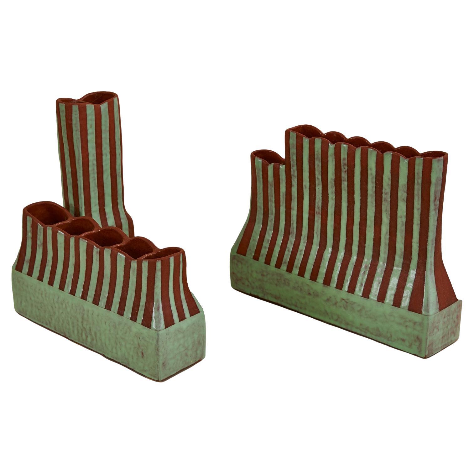 Pair of Red & Green Striped Ceramic Vases by Contemporary Artist Rebecca Chapell For Sale