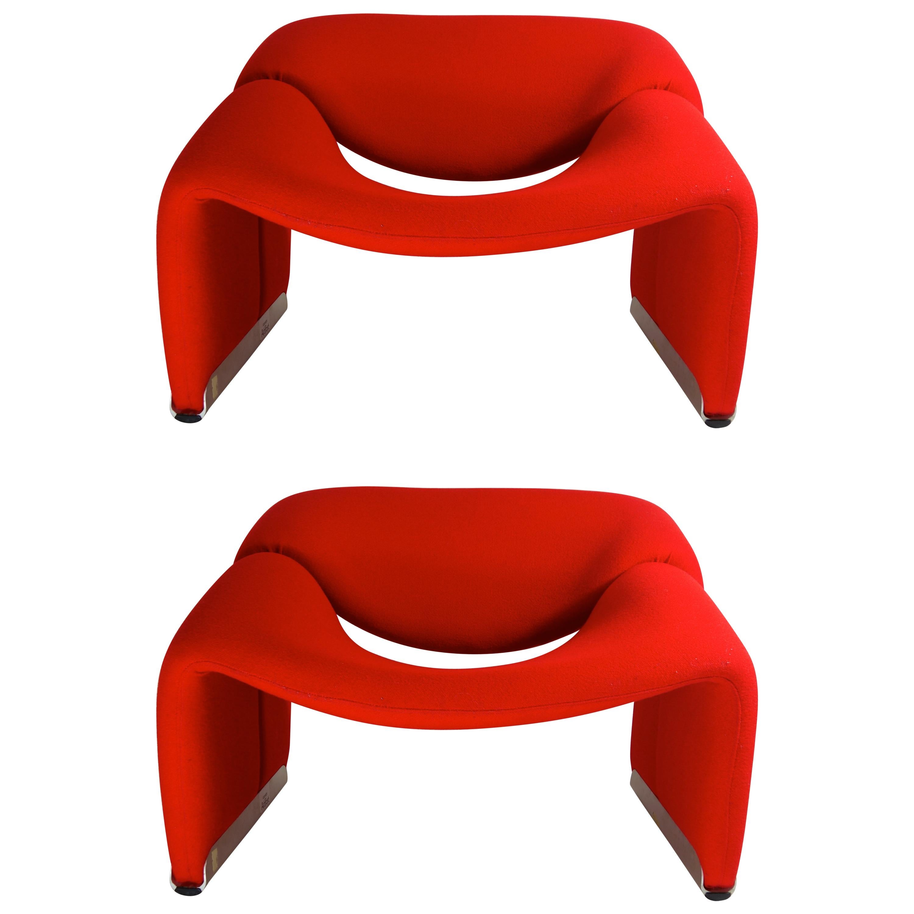 Pair of Red Groovy Chairs F598 Silver Colored Feet by Pierre Paulin for Artifort