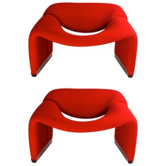 Pair of Red Groovy Chairs F598 Silver Colored Feet by Pierre Paulin for Artifort