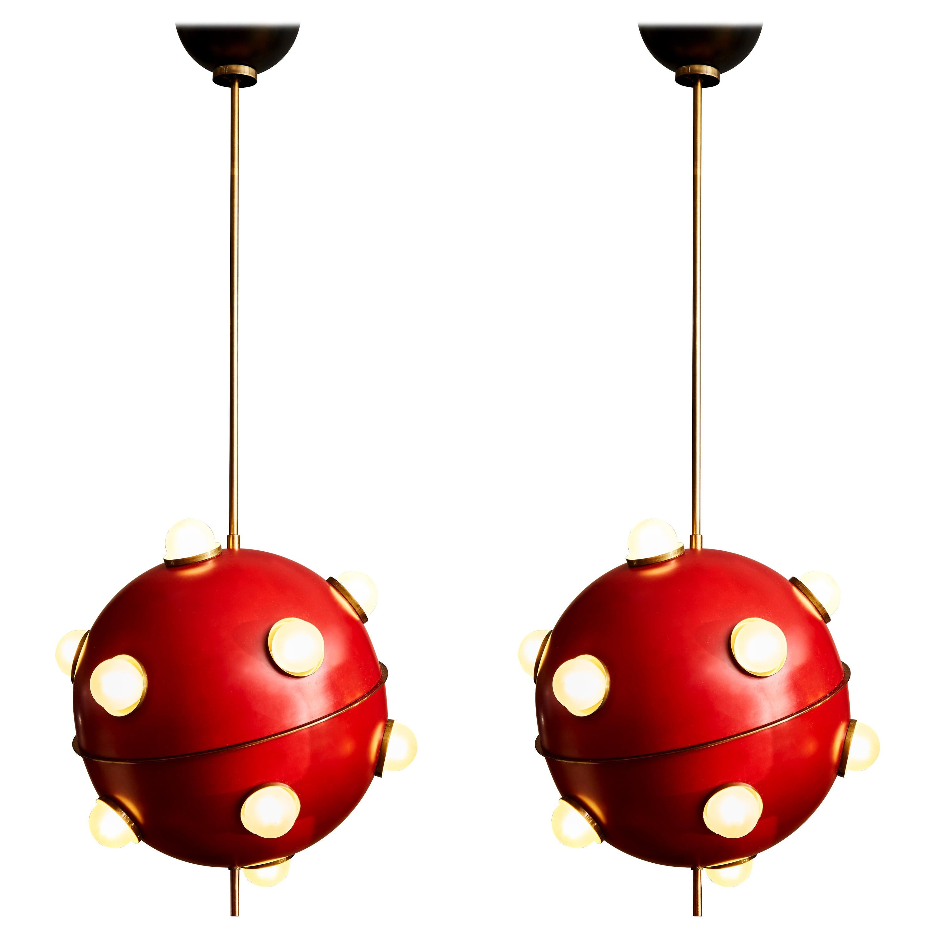 Pair of Red Hanging Light by Oscar Torlasco for Lumi
