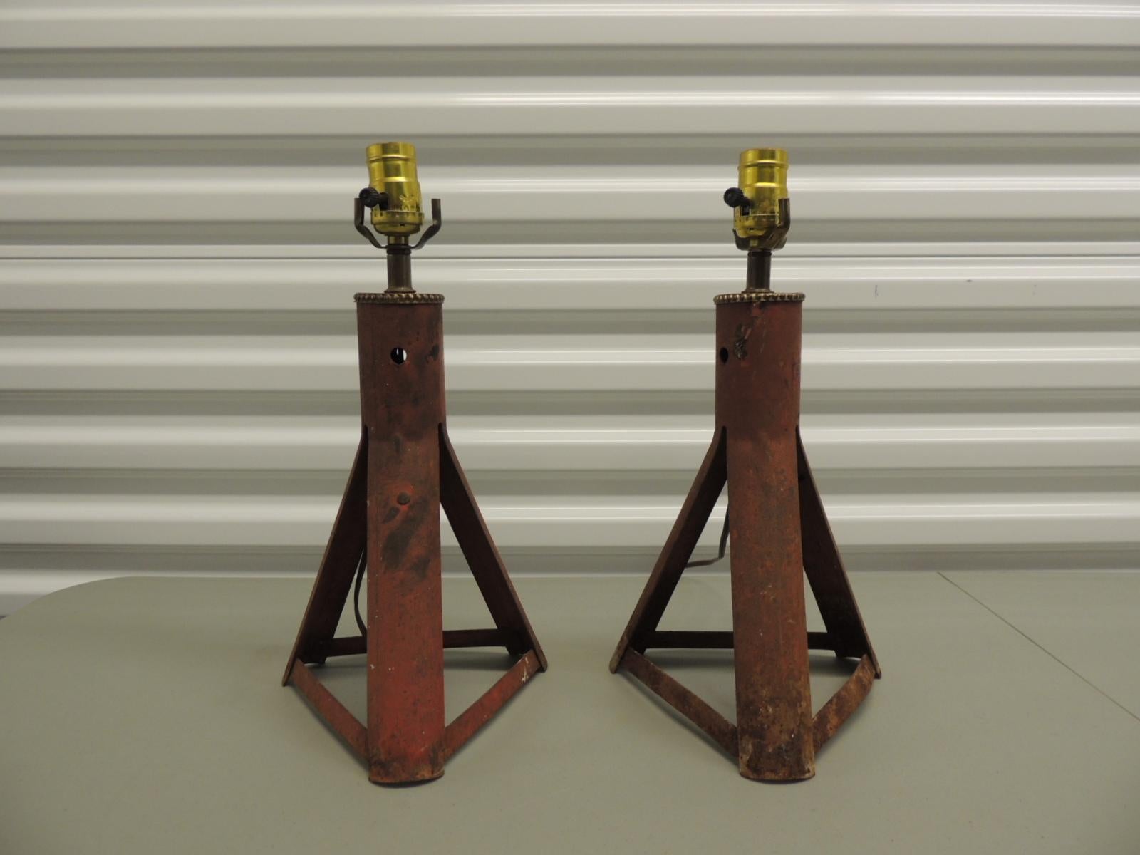 American Pair of Red Industrial Tripop Vintage Table Lamps