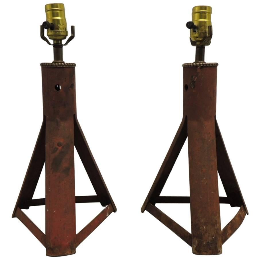 Pair of Red Industrial Tripop Vintage Table Lamps