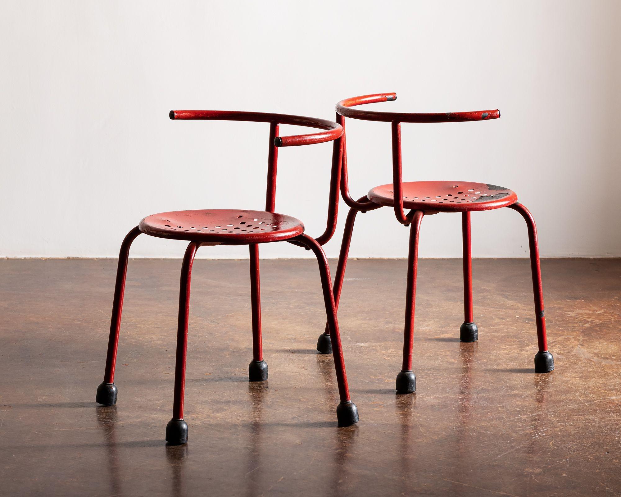 Modern Pair of Red Iron Chairs by Ettore Sottsass, Italy, 1960s