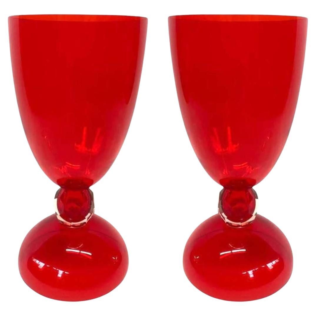 Pair of Red Italian Murano Urns For Sale