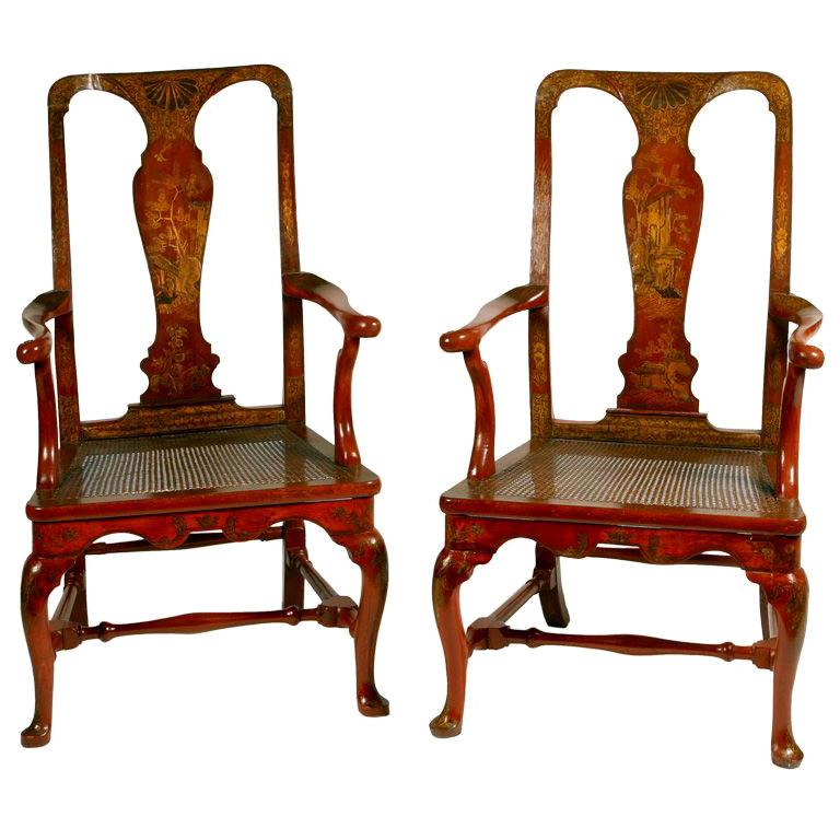 Pair of Red Lacquer Queen Anne Armchairs For Sale