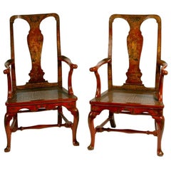 Pair of Red Lacquer Queen Anne Armchairs