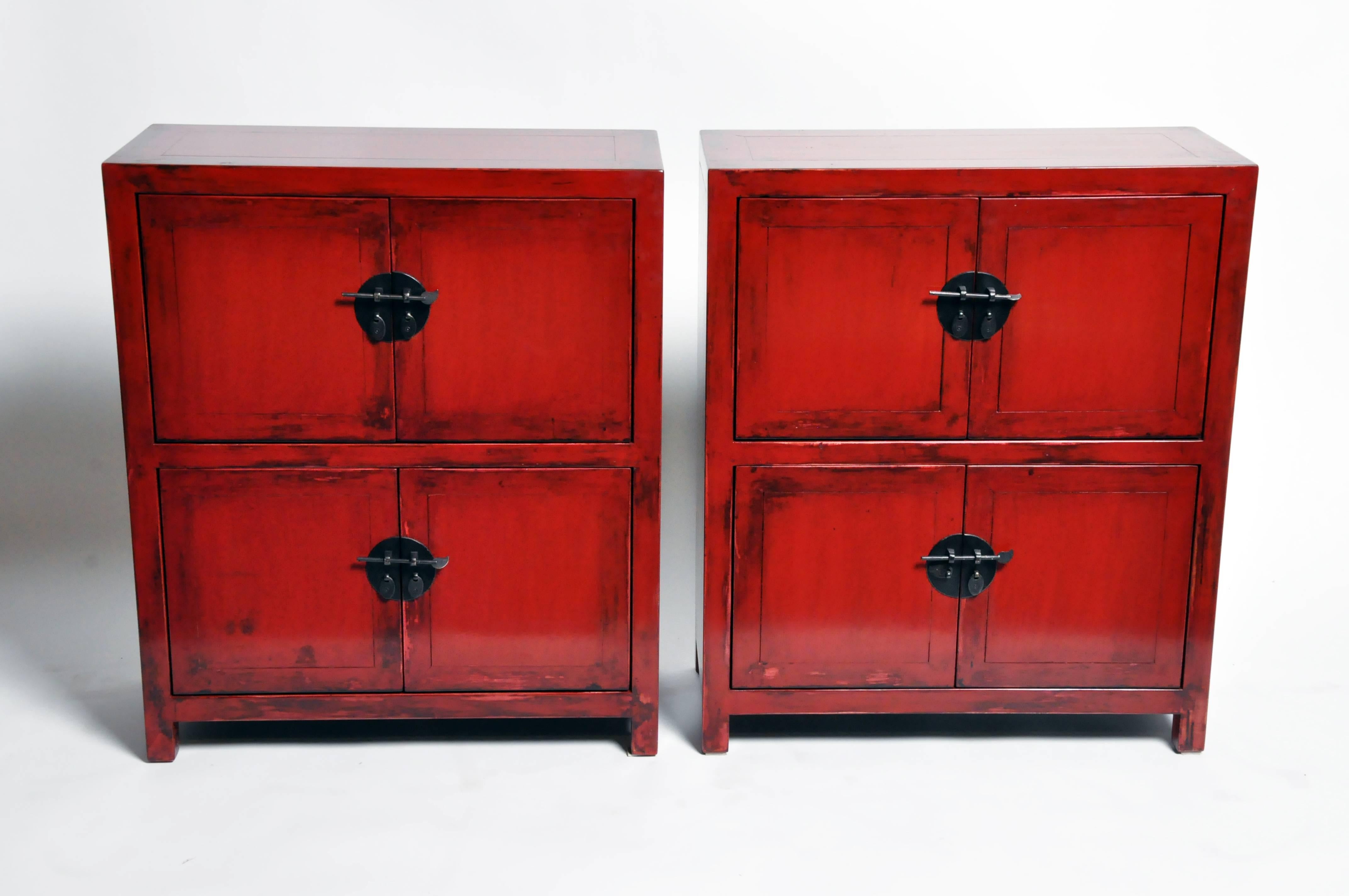 Contemporary Pair of Red Lacquered Chinese Side Chests