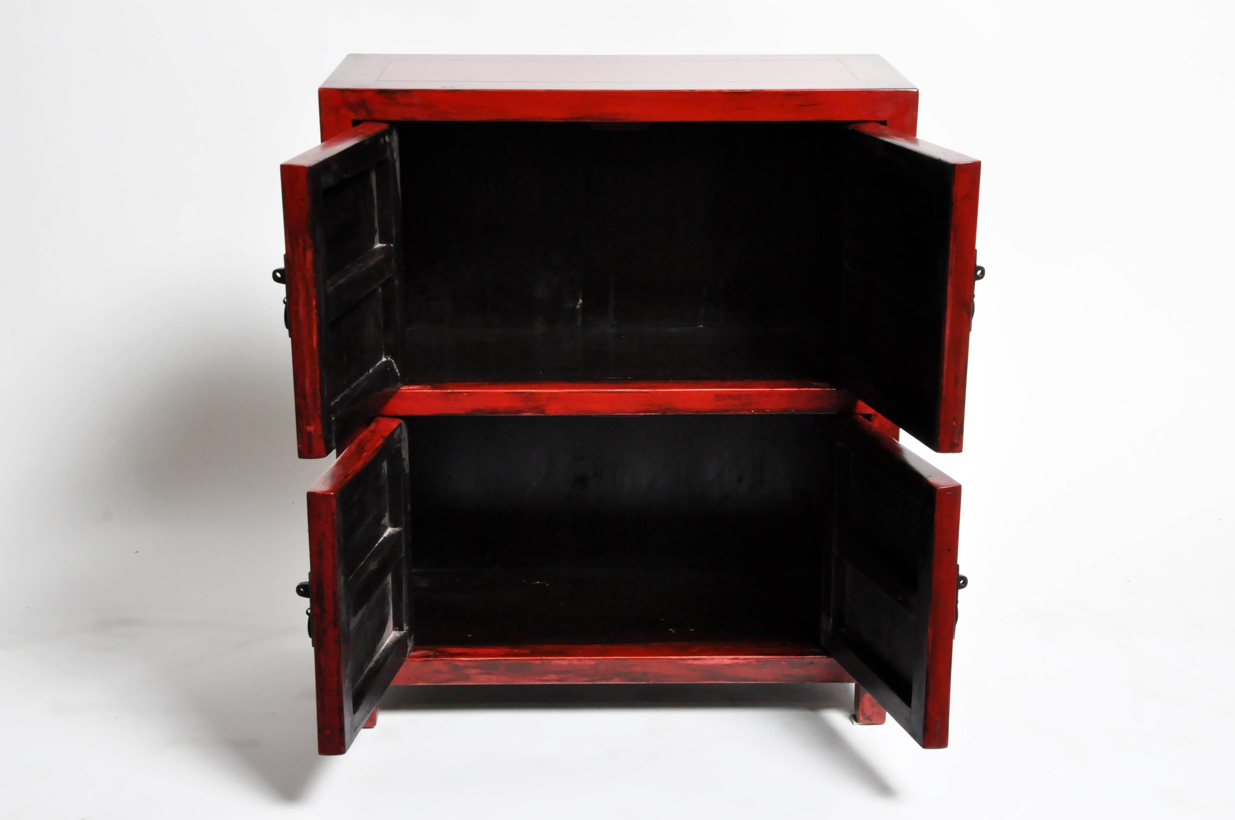 Elm Pair of Red Lacquered Chinese Side Chests