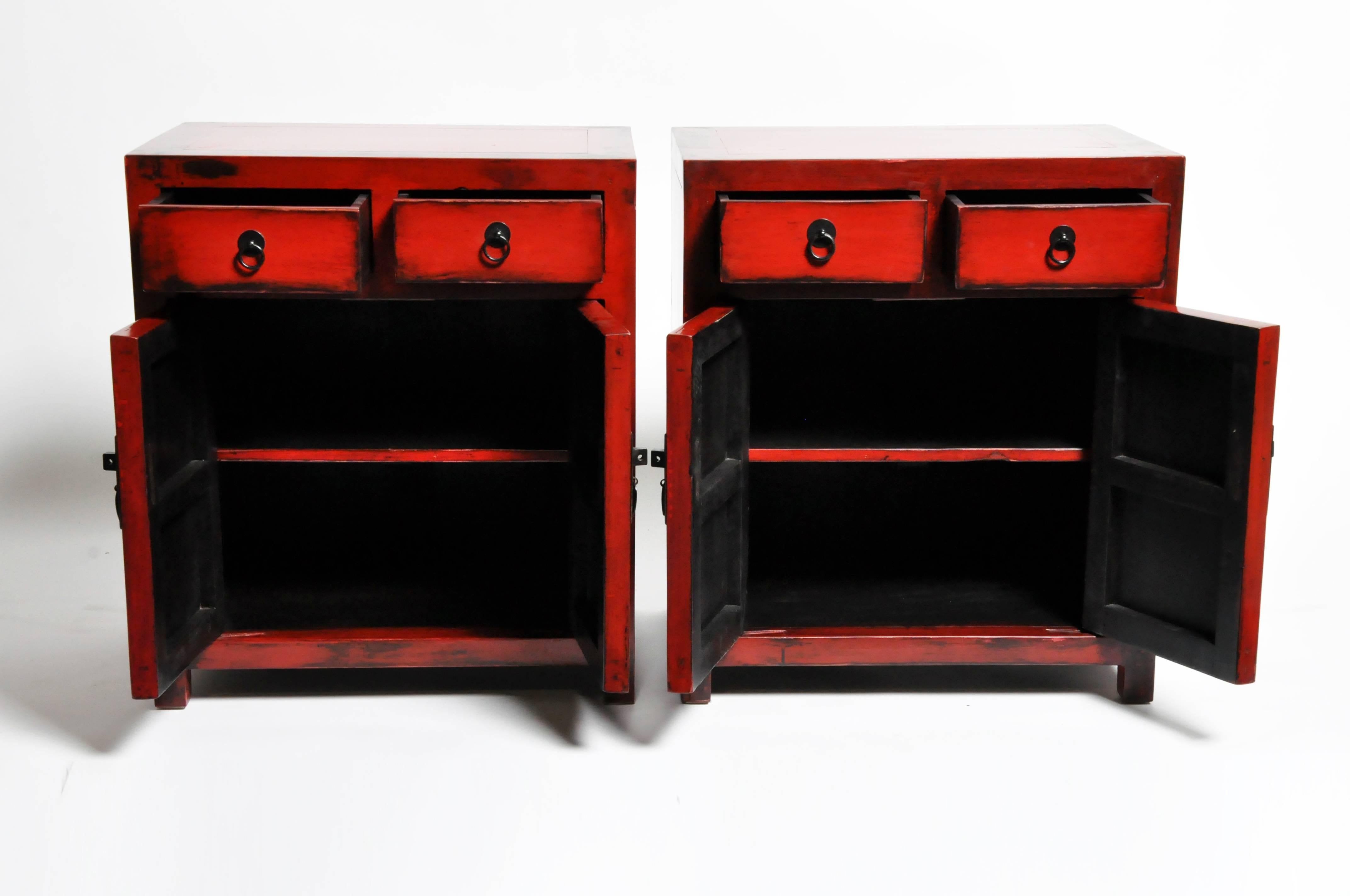 Pair of Red Lacquered Chinese Side Chests with Two Drawers and a Shelf 5