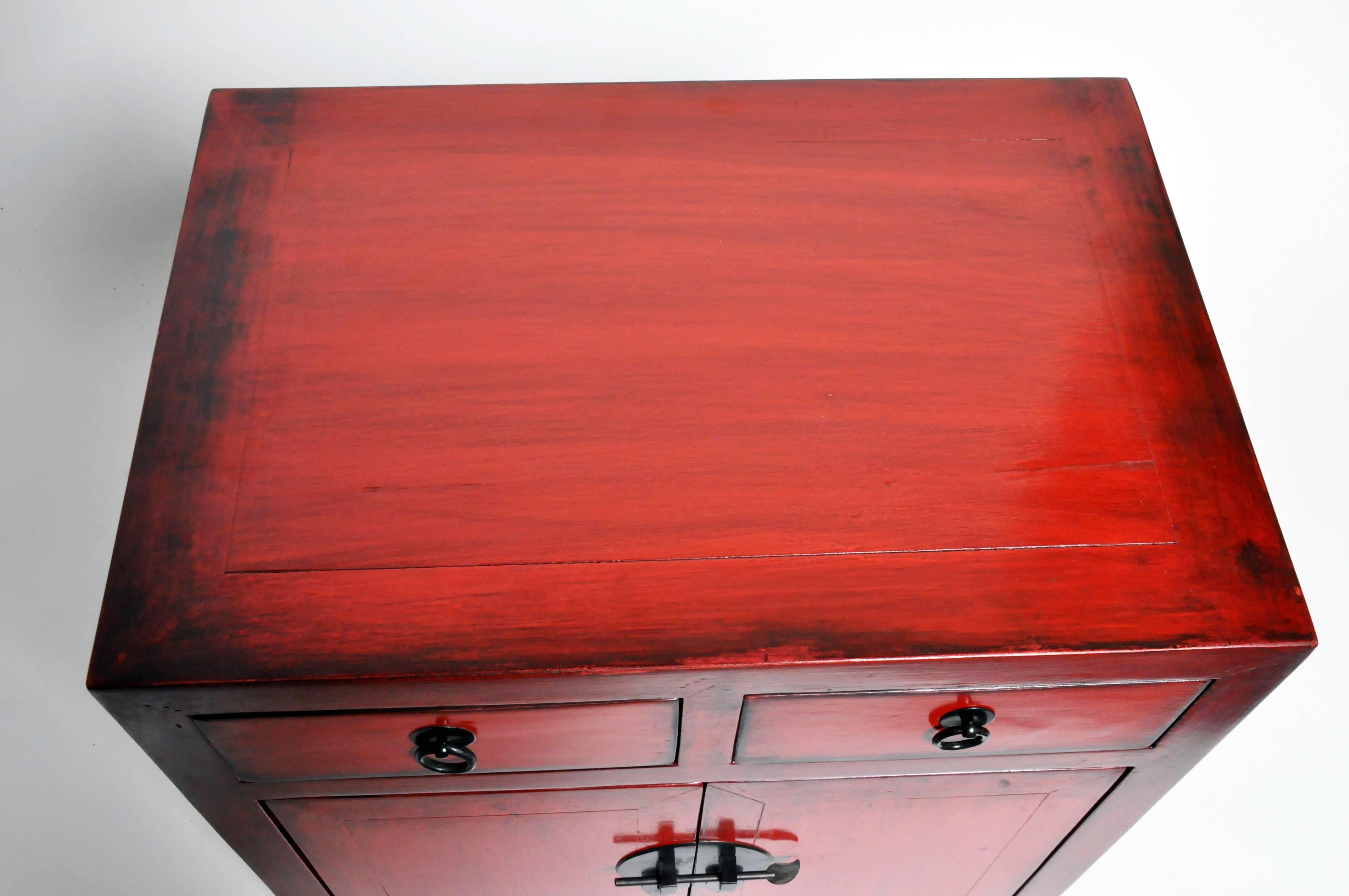 Pair of Red Lacquered Chinese Side Chests with Two Drawers and a Shelf 6