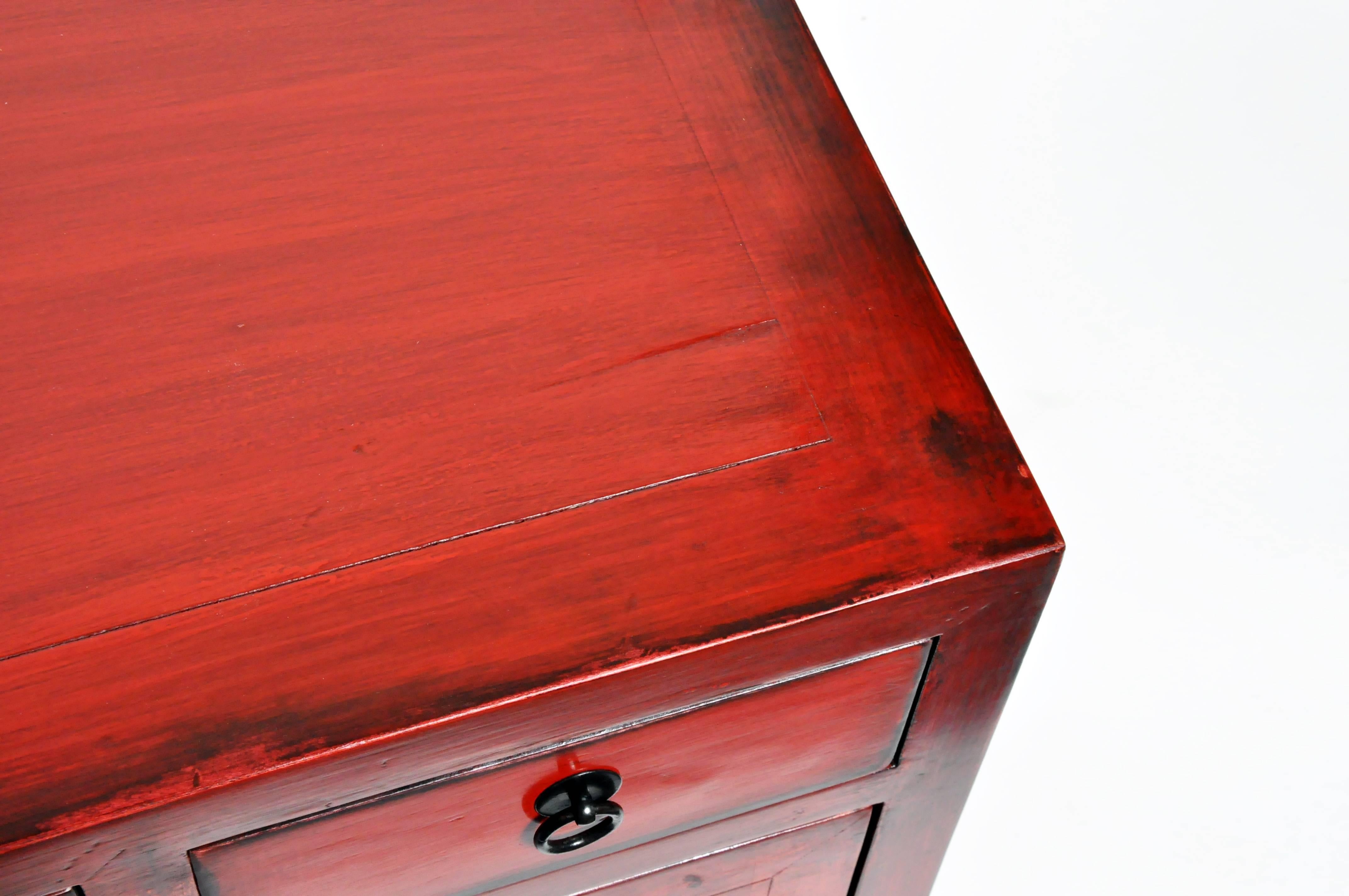 Pair of Red Lacquered Chinese Side Chests with Two Drawers and a Shelf 7