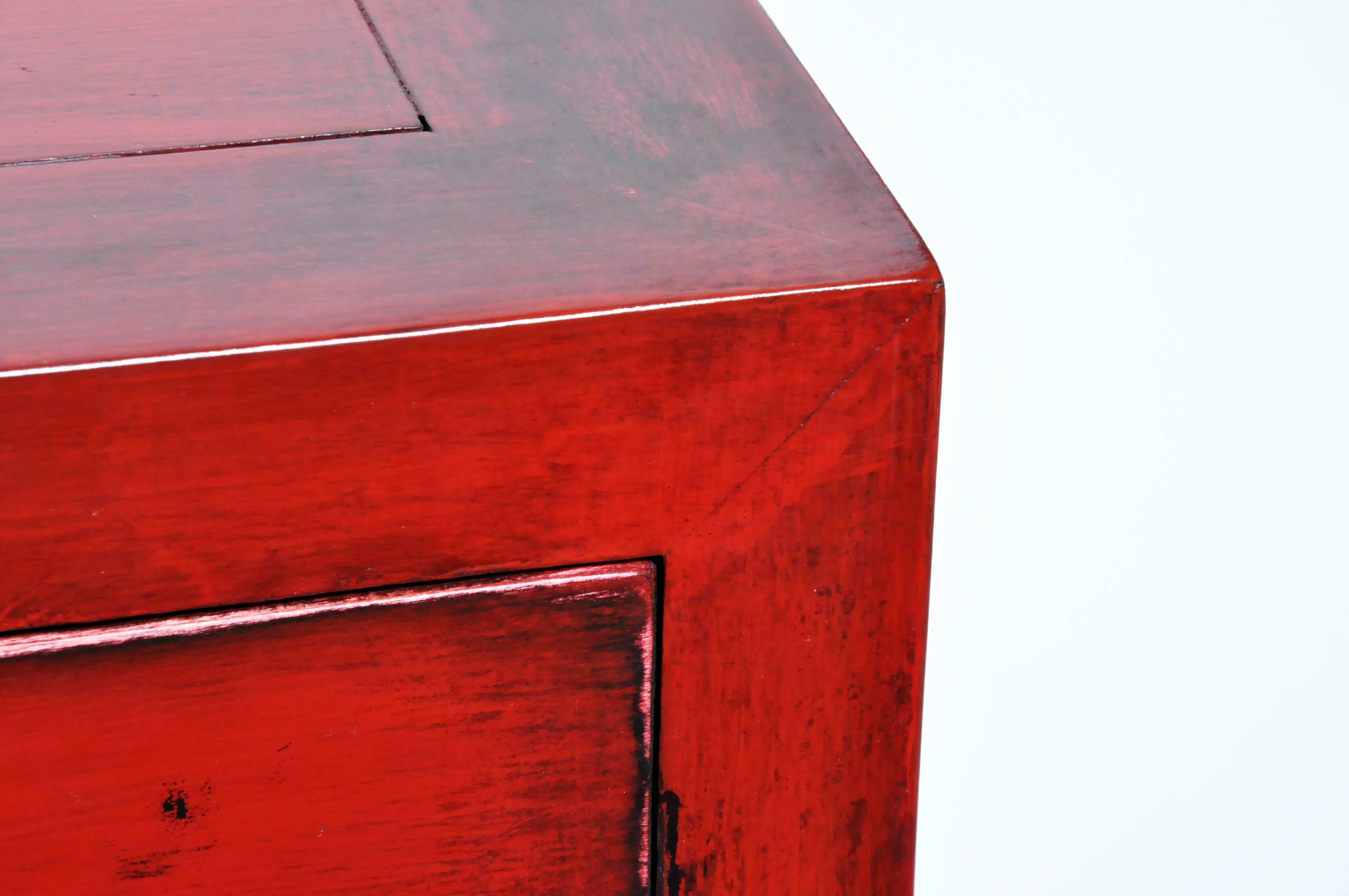 Pair of Red Lacquered Chinese Side Chests with Two Drawers and a Shelf 7