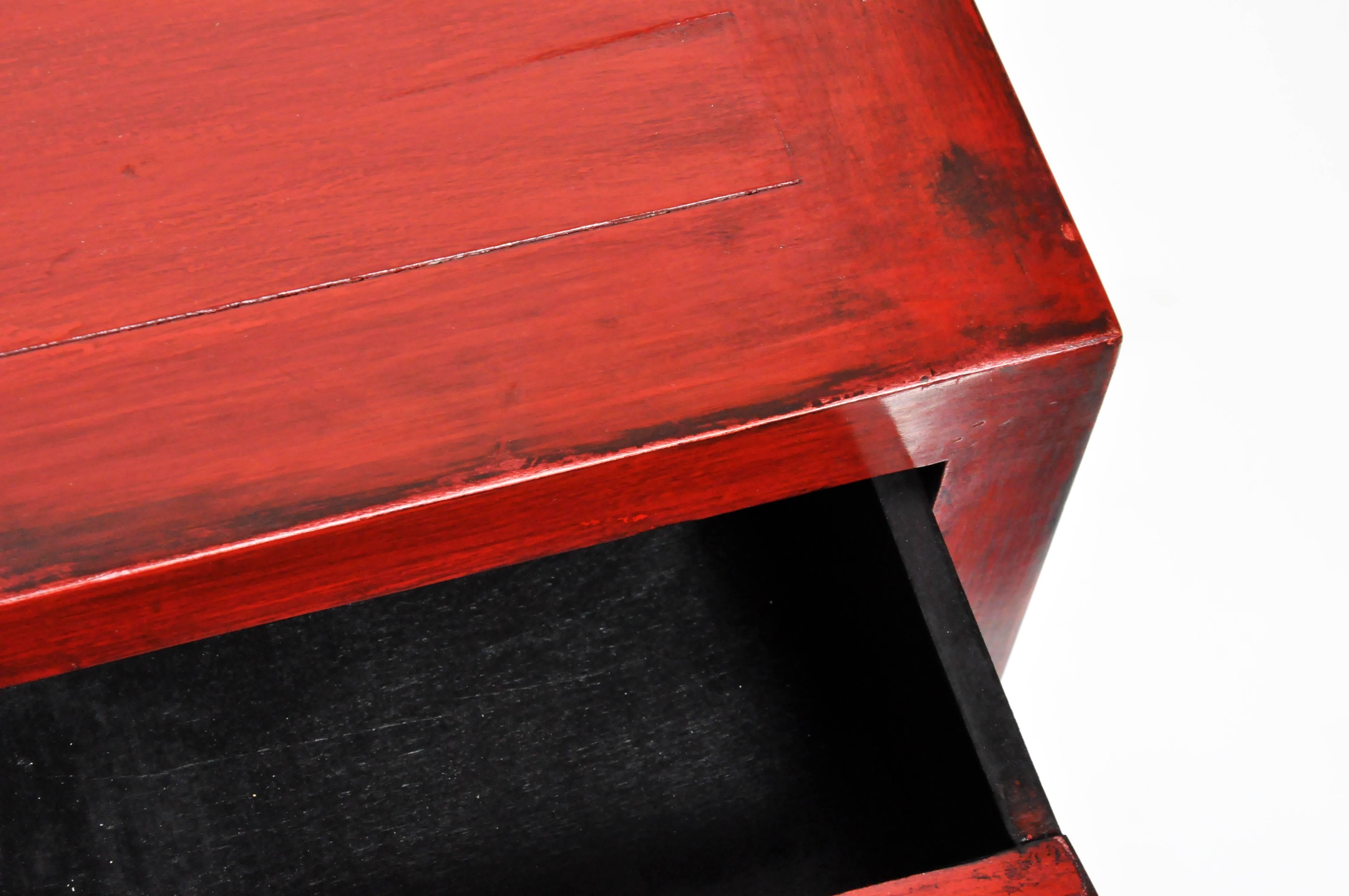 Pair of Red Lacquered Chinese Side Chests with Two Drawers and a Shelf 8