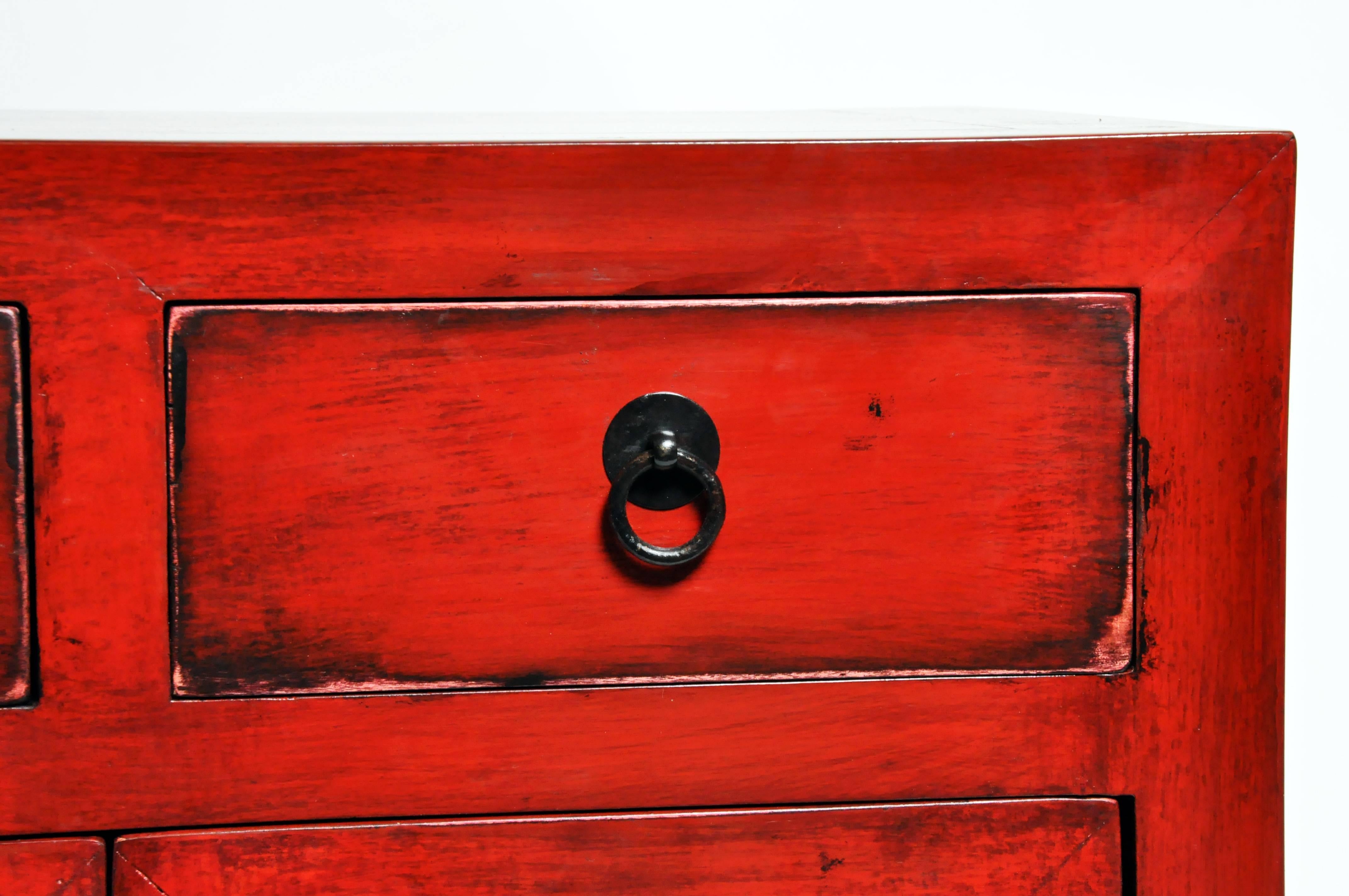 Pair of Red Lacquered Chinese Side Chests with Two Drawers and a Shelf 8