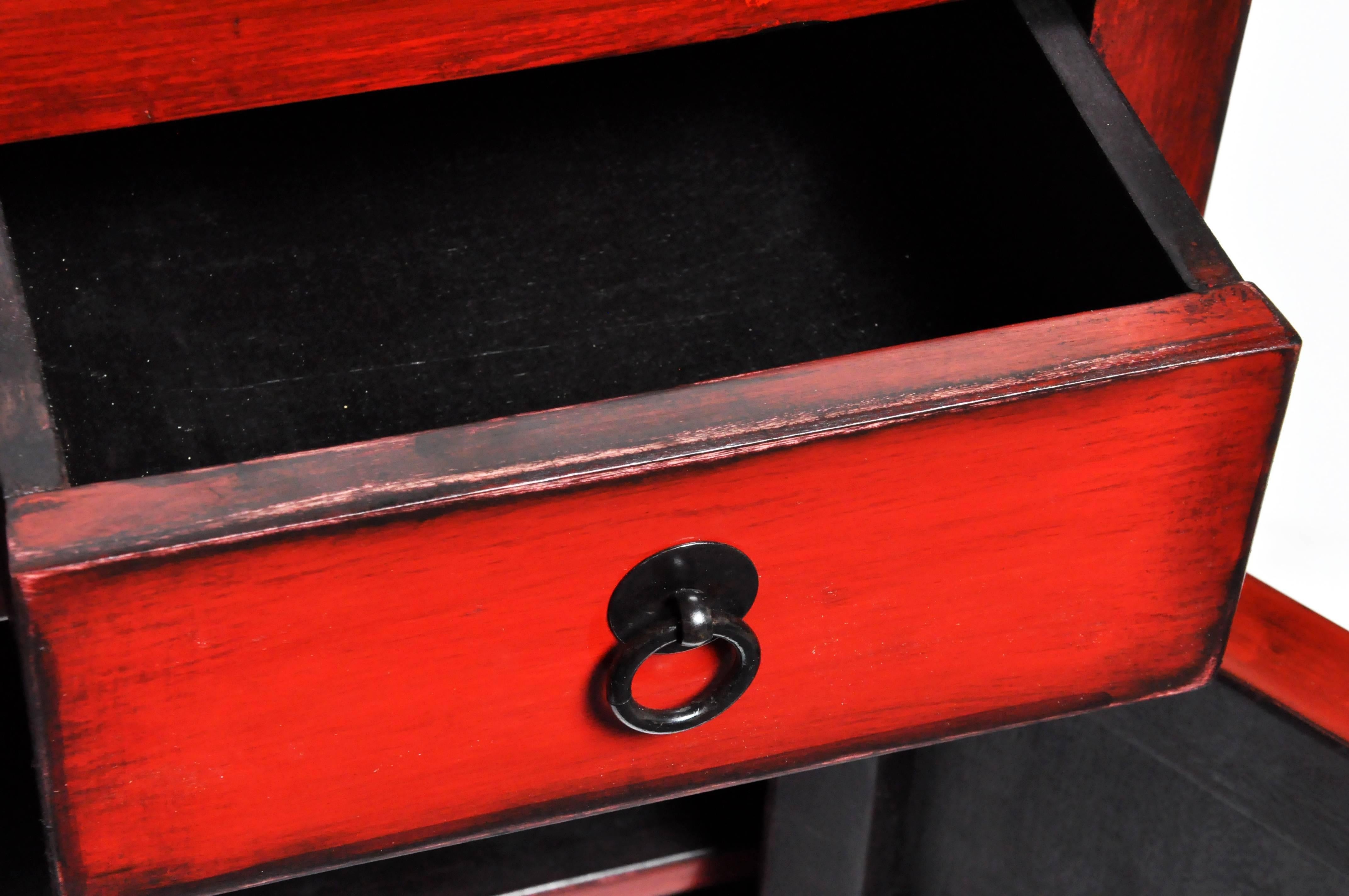Pair of Red Lacquered Chinese Side Chests with Two Drawers and a Shelf 9