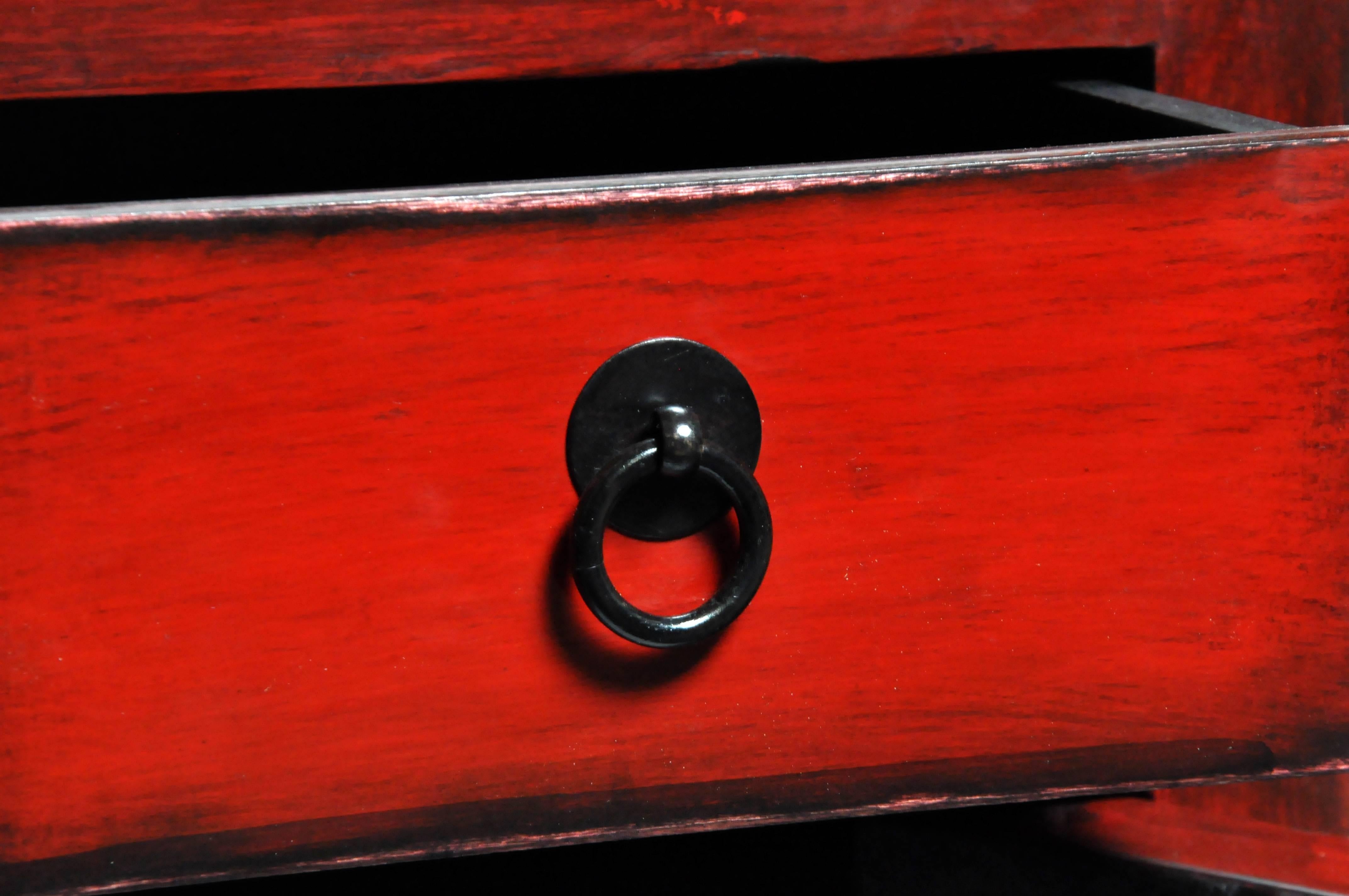 Pair of Red Lacquered Chinese Side Chests with Two Drawers and a Shelf 10