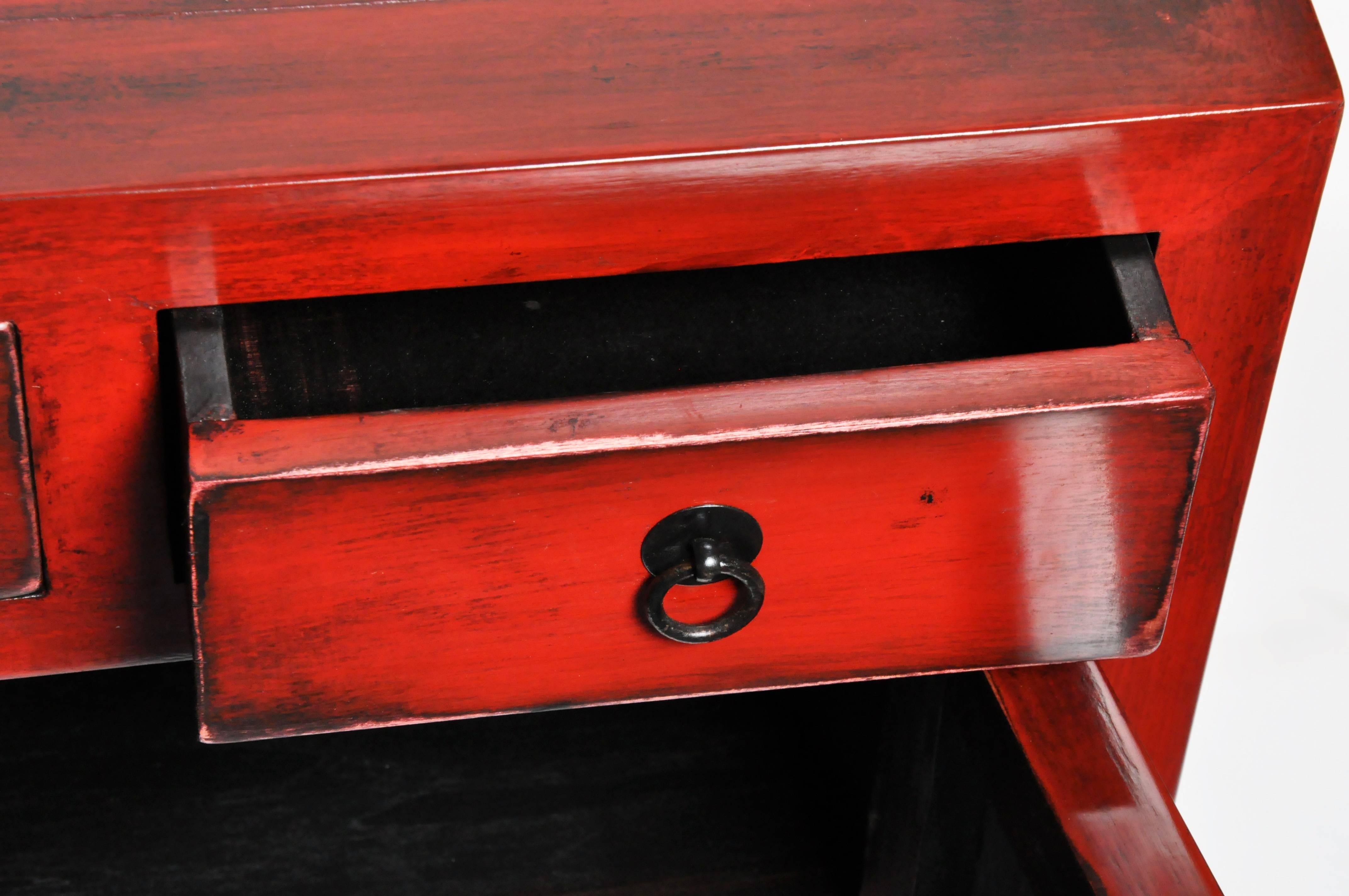 Pair of Red Lacquered Chinese Side Chests with Two Drawers and a Shelf 10