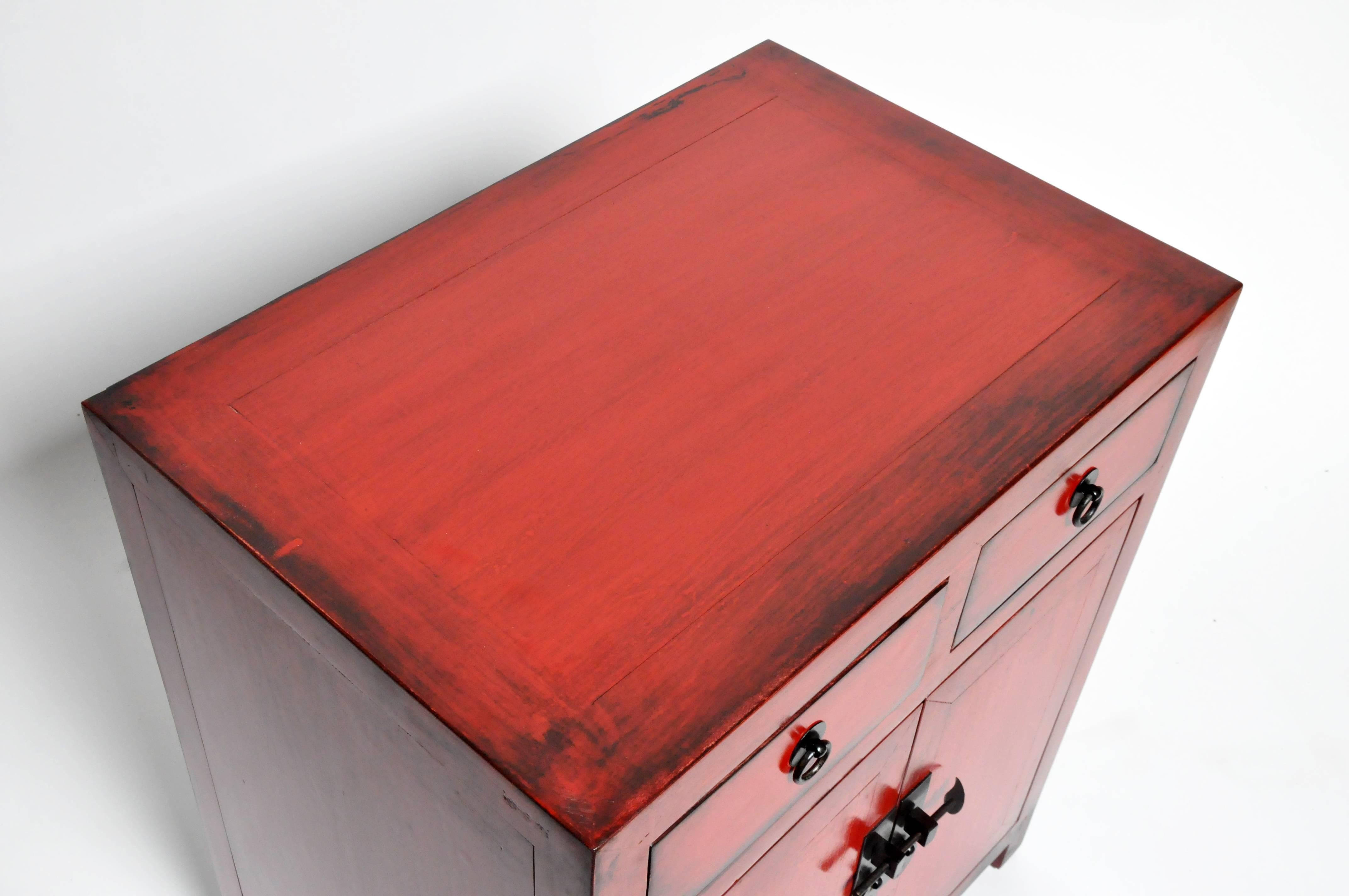 Pair of Red Lacquered Chinese Side Chests with Two Drawers and a Shelf 11