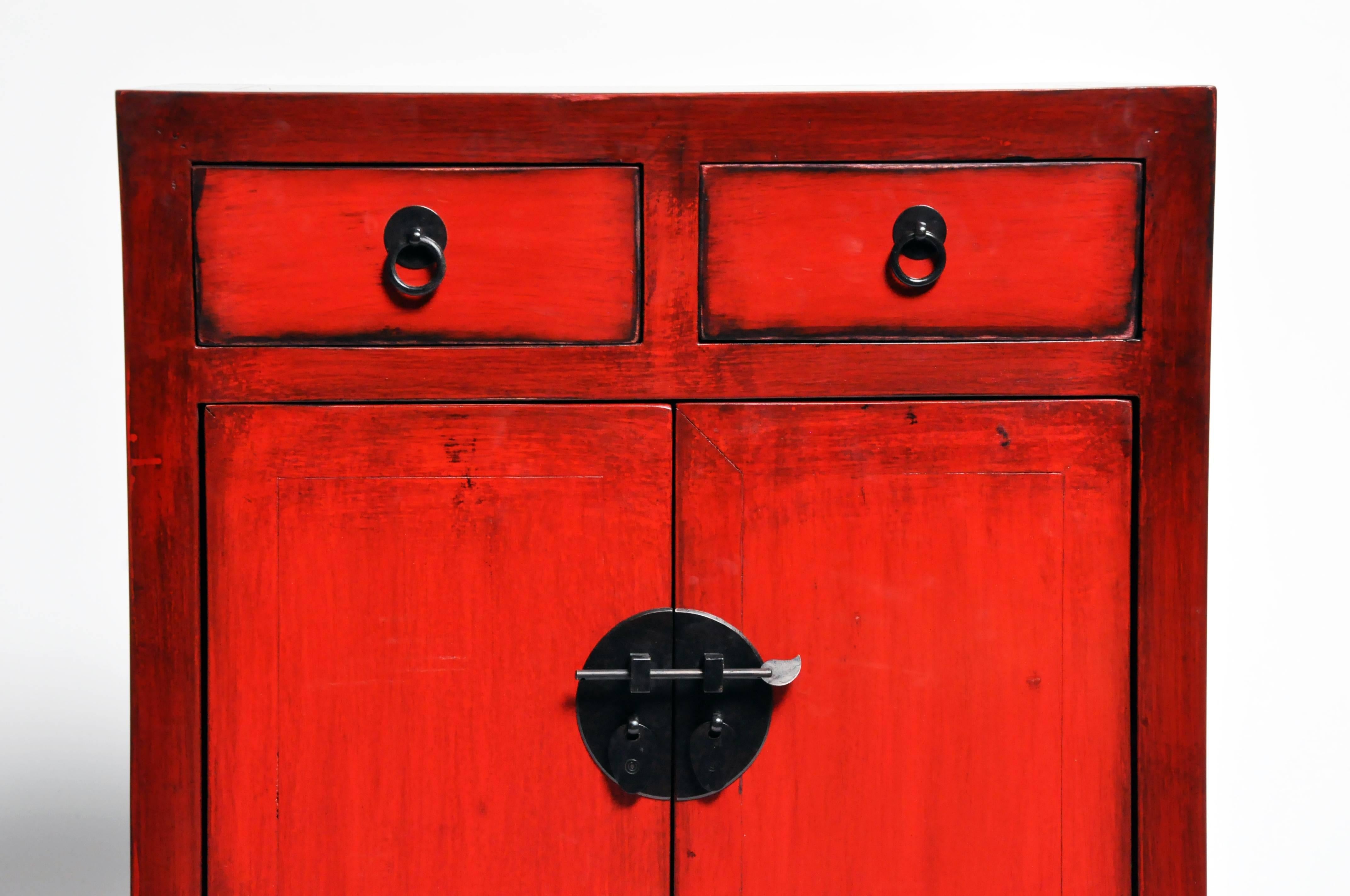 Pair of Red Lacquered Chinese Side Chests with Two Drawers and a Shelf 12
