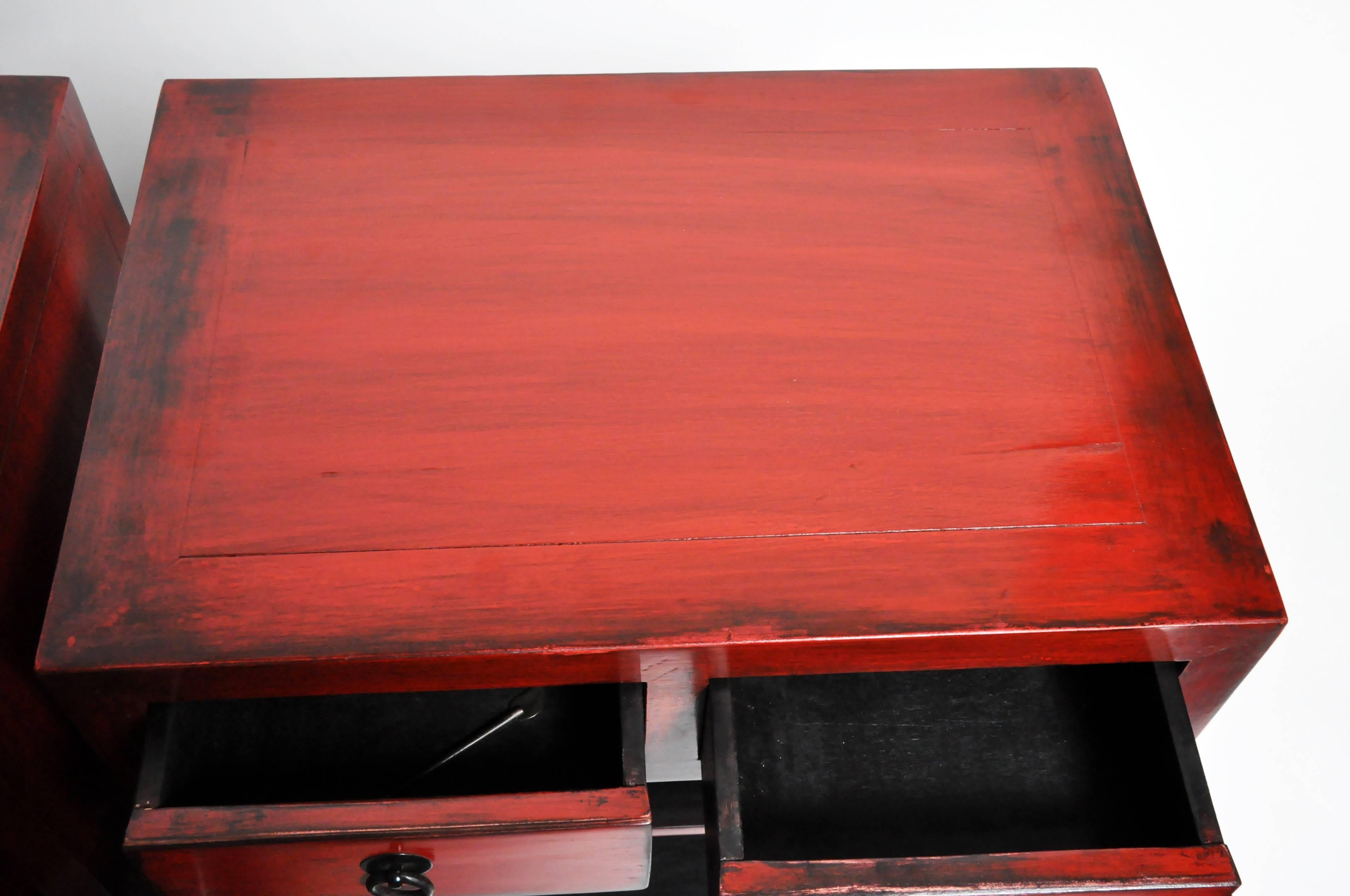 Pair of Red Lacquered Chinese Side Chests with Two Drawers and a Shelf 13