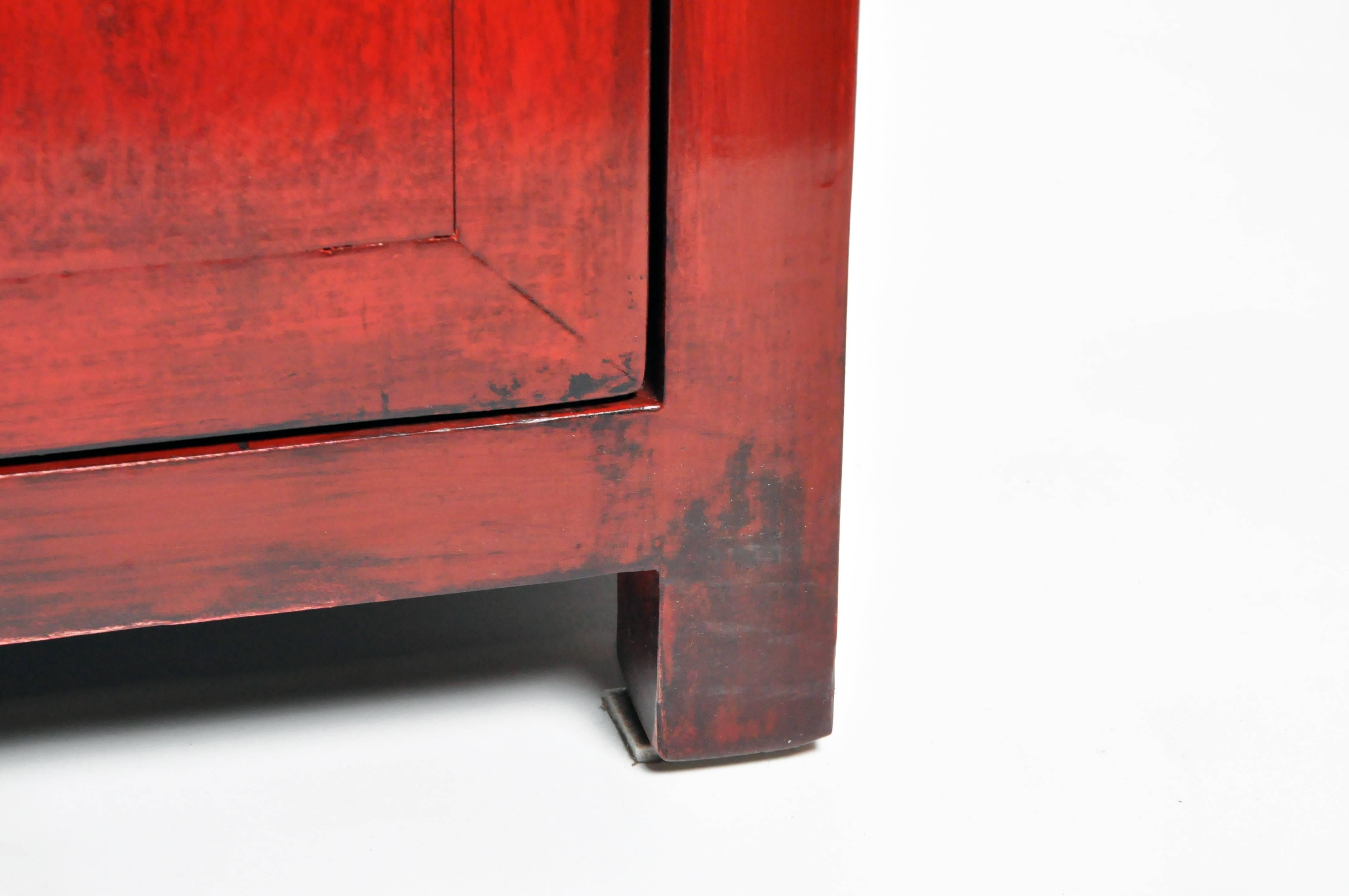 Pair of Red Lacquered Chinese Side Chests with Two Drawers and a Shelf 15