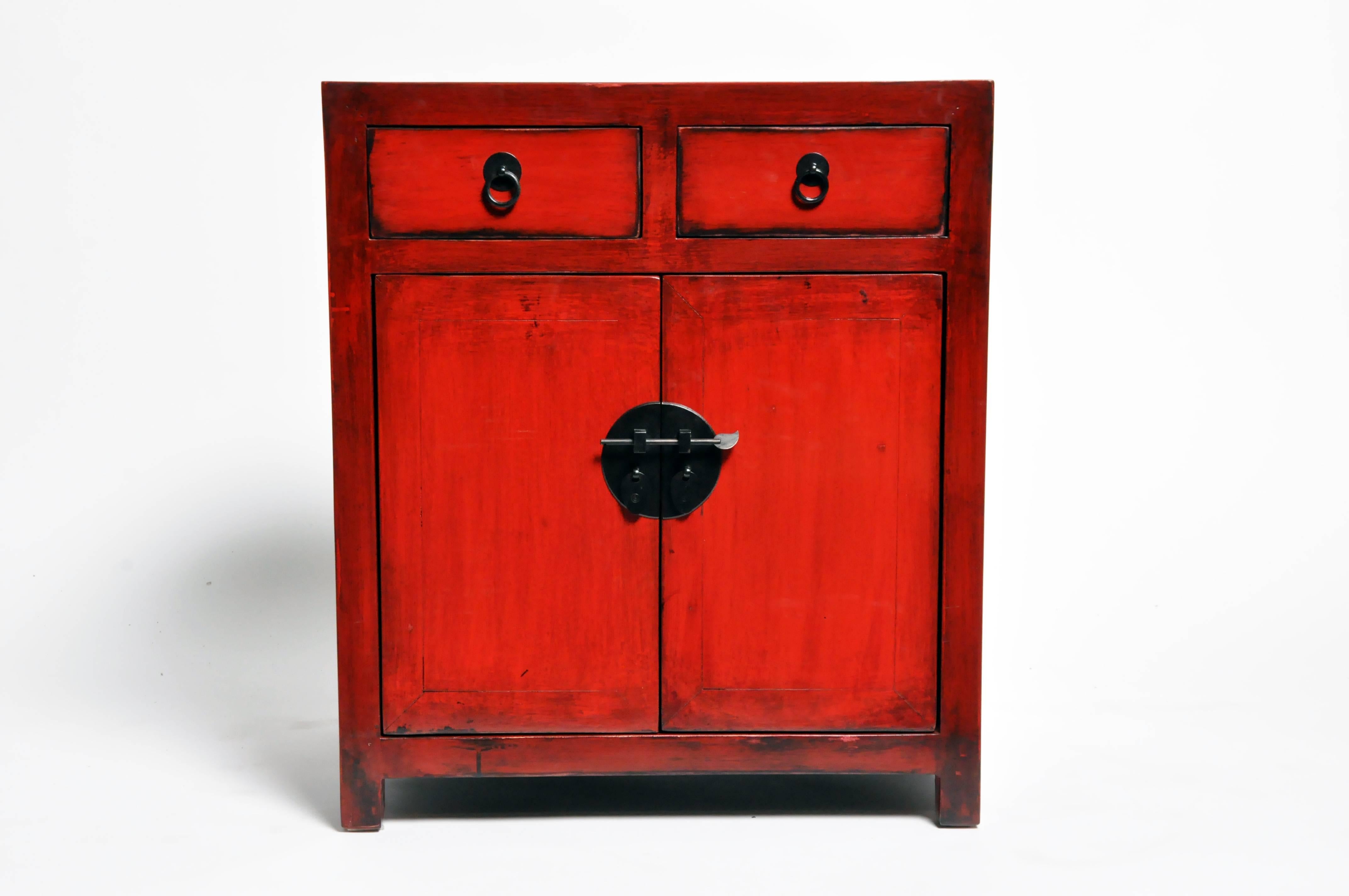 Contemporary Pair of Red Lacquered Chinese Side Chests with Two Drawers and a Shelf