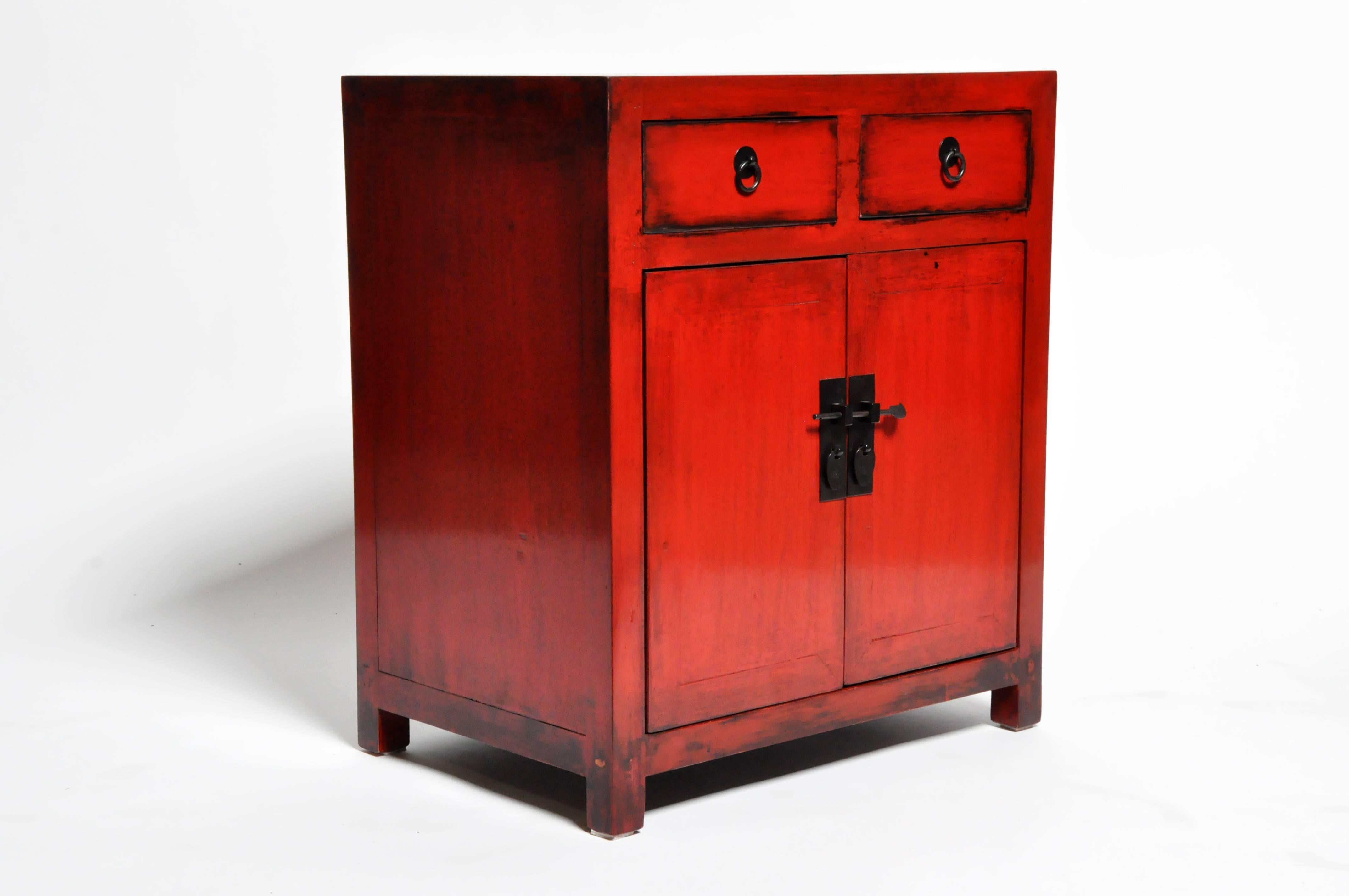Contemporary Pair of Red Lacquered Chinese Side Chests with Two Drawers and a Shelf