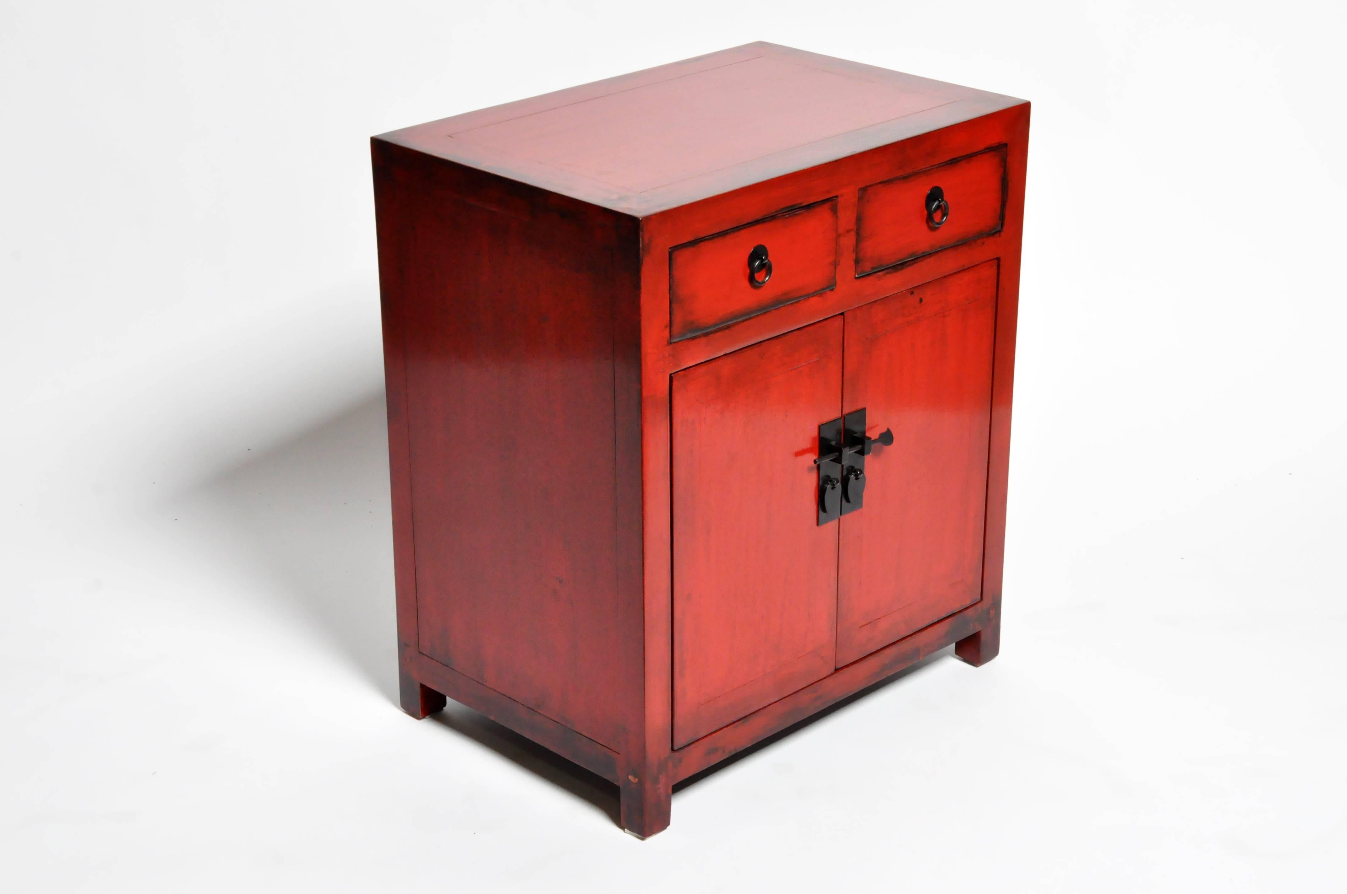 Elm Pair of Red Lacquered Chinese Side Chests with Two Drawers and a Shelf