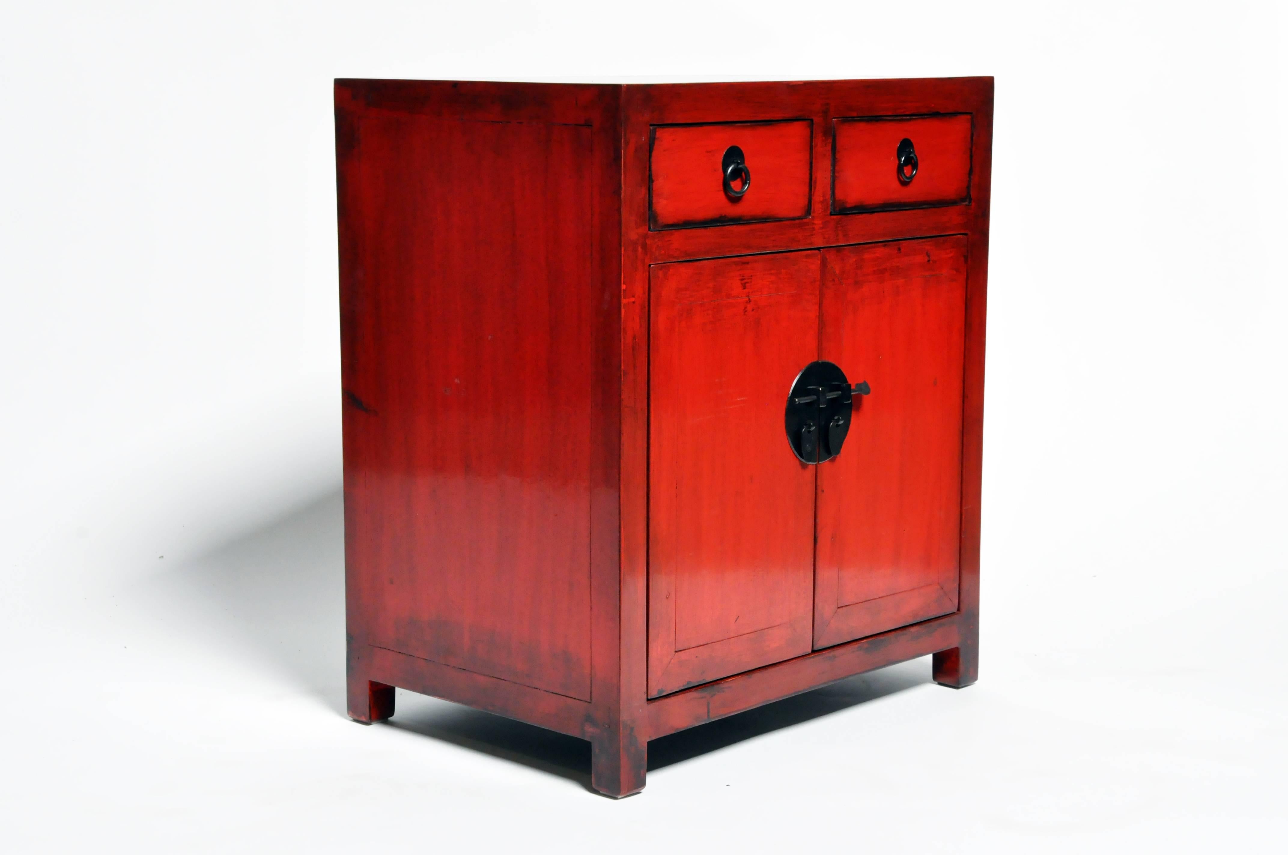 Pair of Red Lacquered Chinese Side Chests with Two Drawers and a Shelf 1