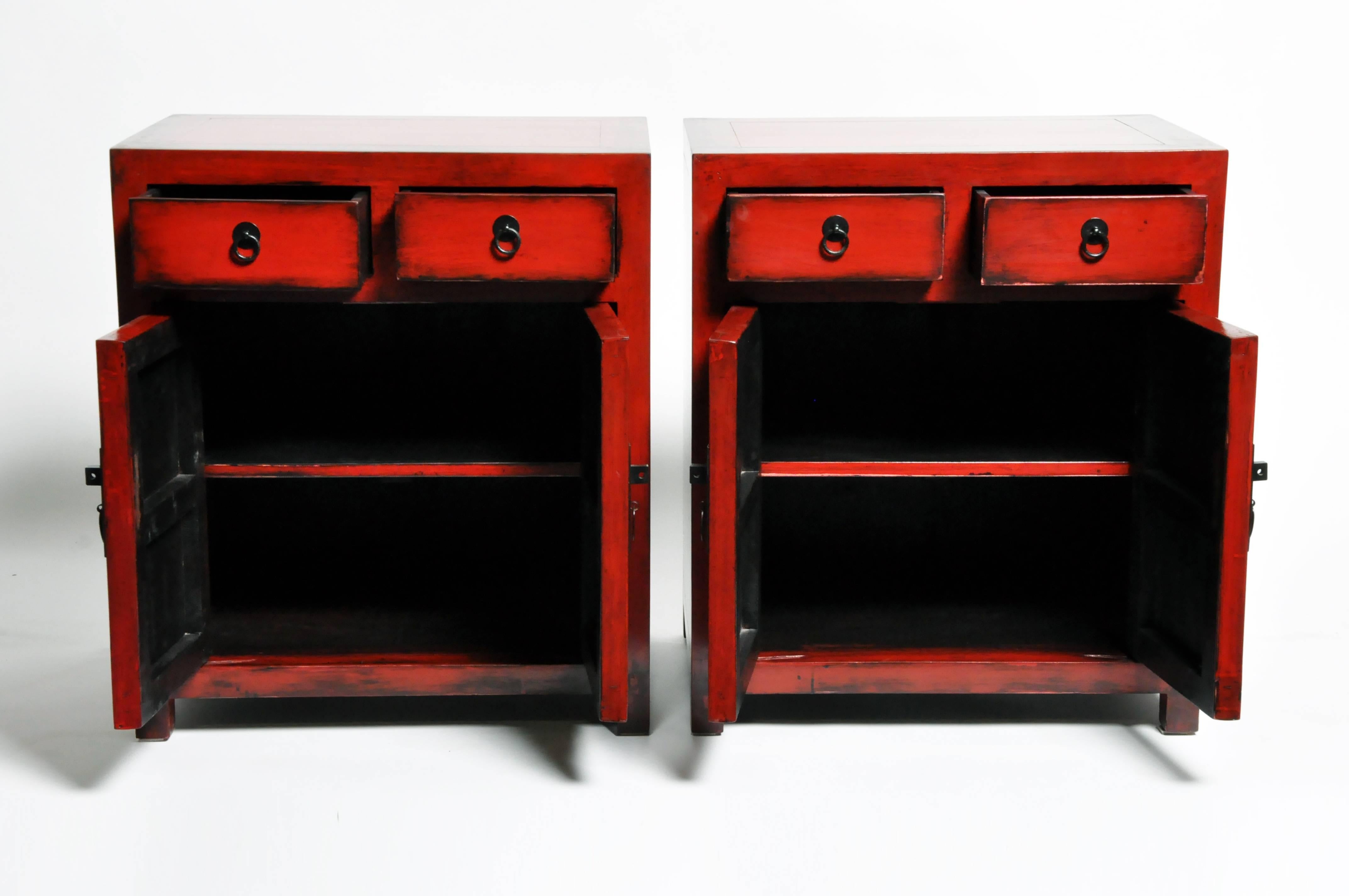 Pair of Red Lacquered Chinese Side Chests with Two Drawers and a Shelf 1