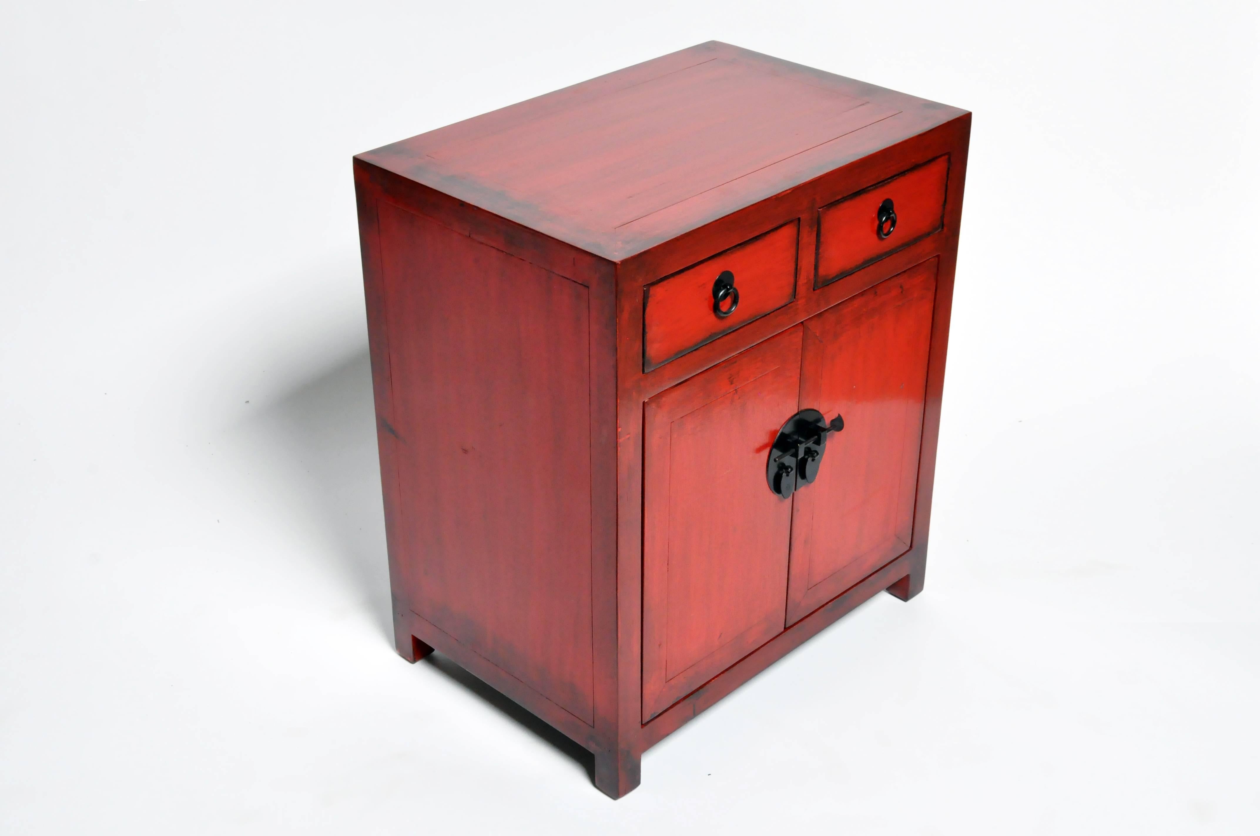 Pair of Red Lacquered Chinese Side Chests with Two Drawers and a Shelf 2