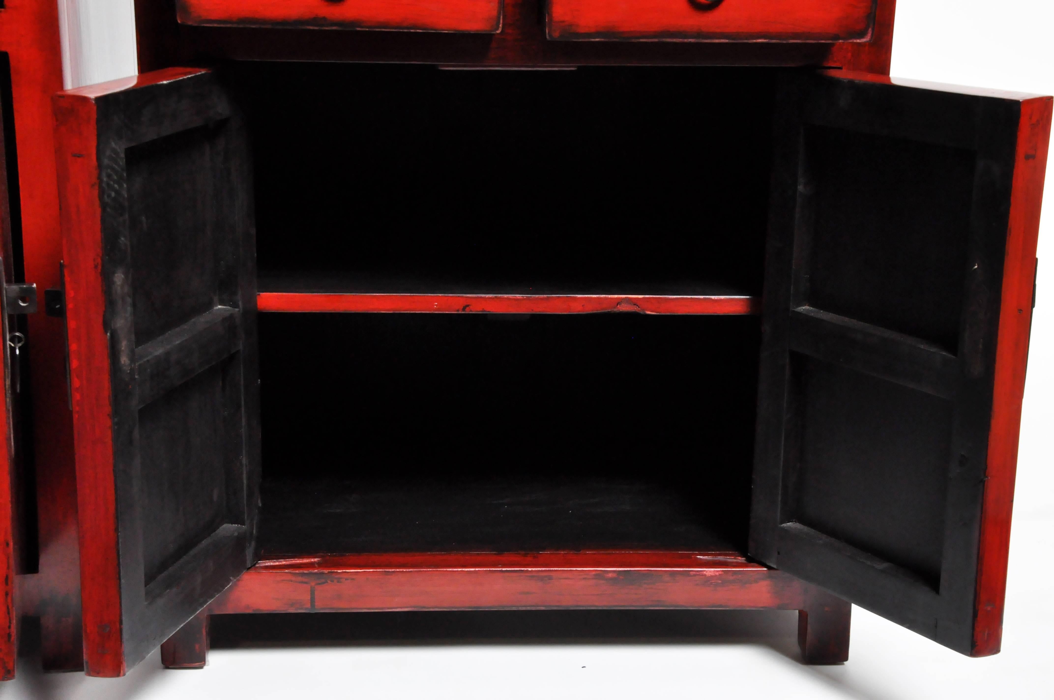 Pair of Red Lacquered Chinese Side Chests with Two Drawers and a Shelf 2