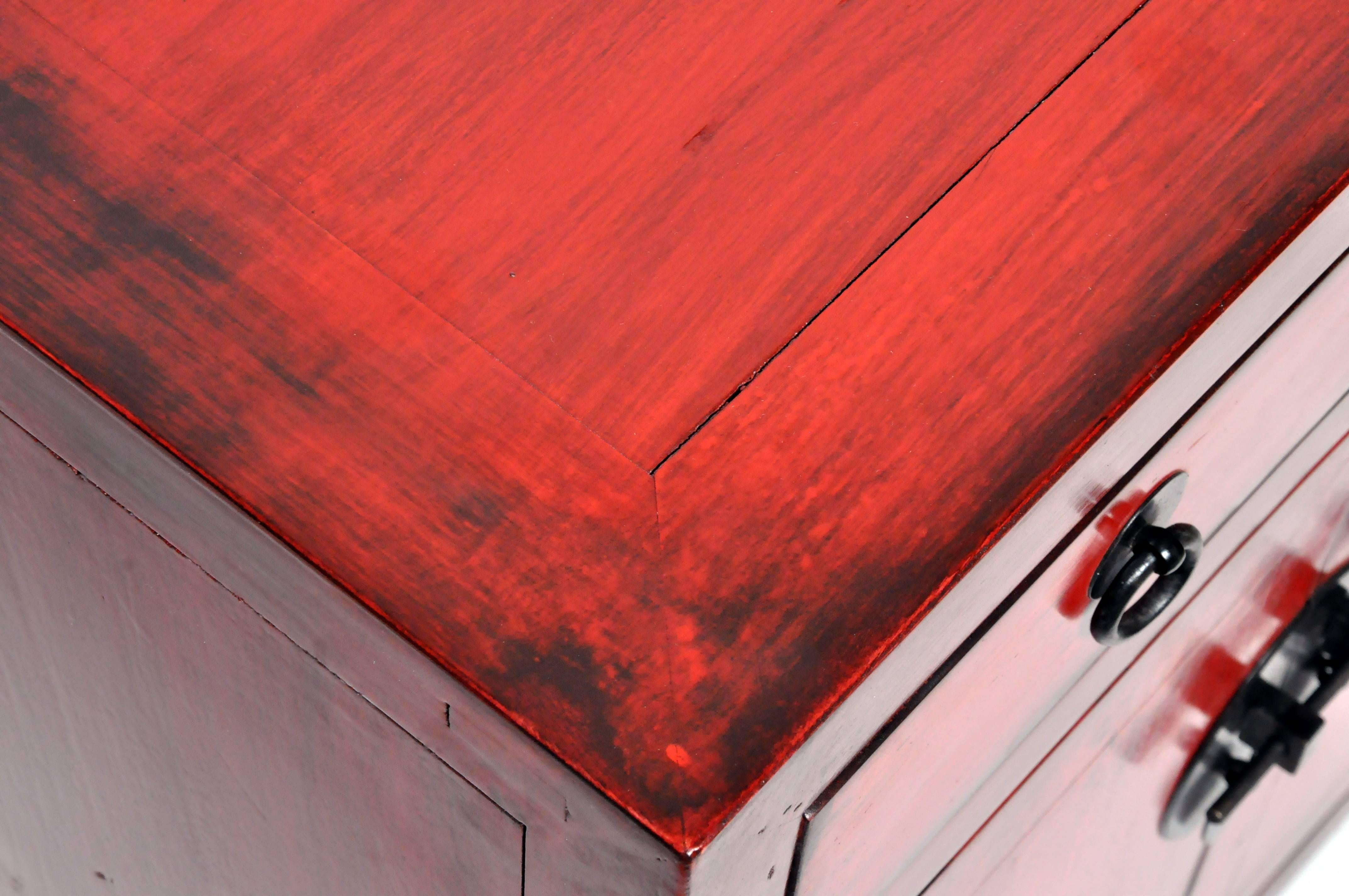 Pair of Red Lacquered Chinese Side Chests with Two Drawers and a Shelf 3